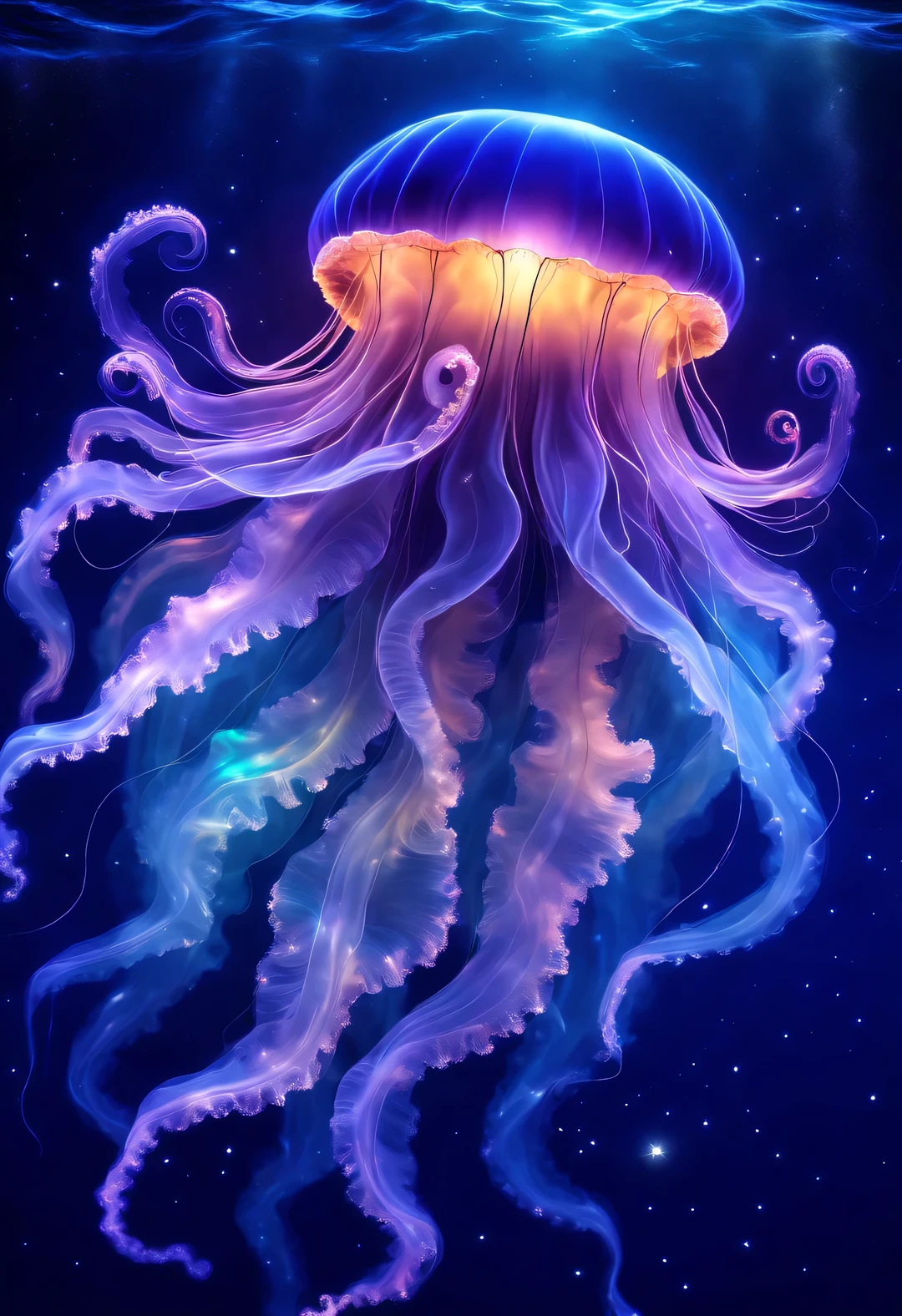 black light art，Grandpa Jellyfish，Shining with colorful light，Background dark blue sea bottom，twinkling stars