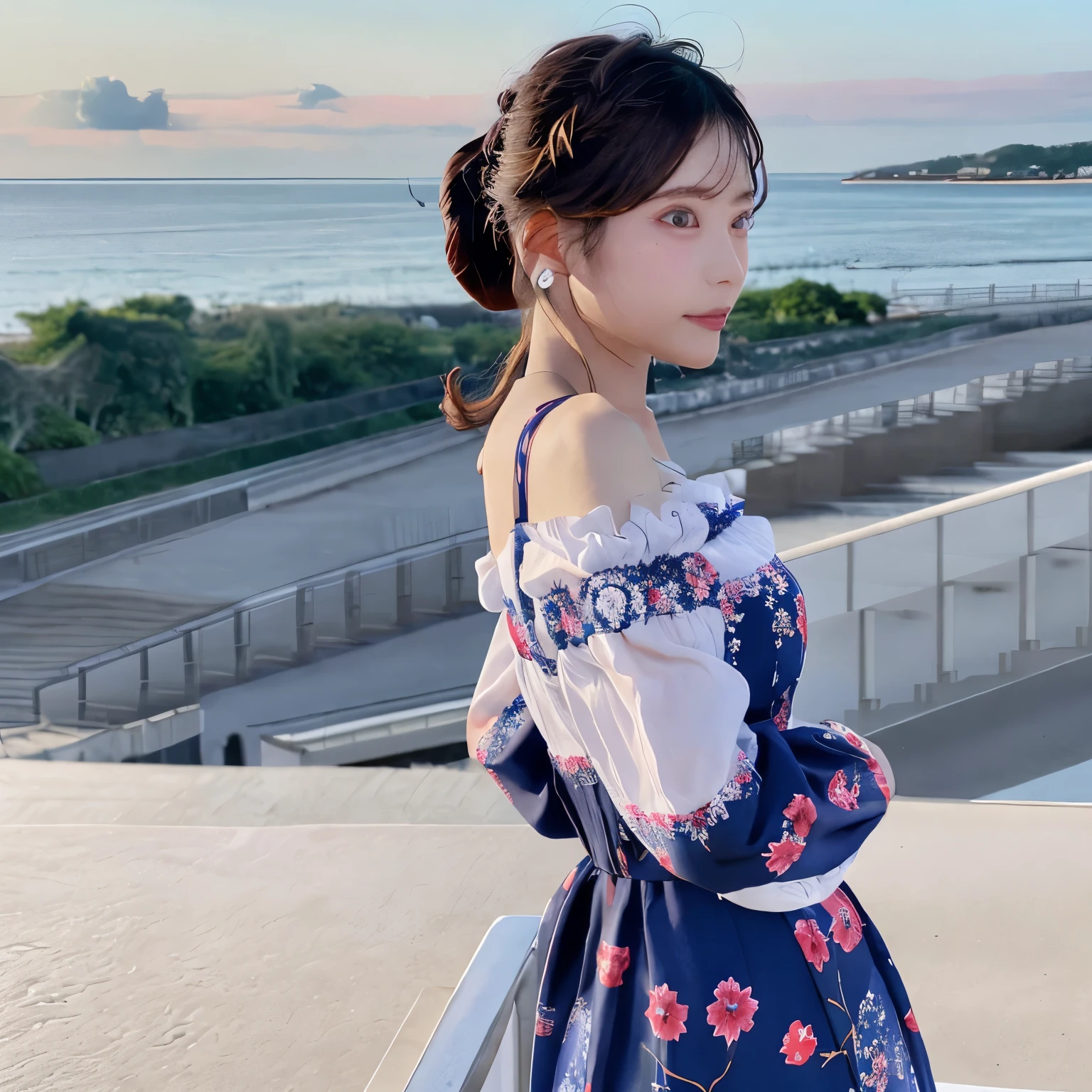 strong wind、Watching the sunset over the beautiful white sand beach、Hair fluttering in the wind and dresses、Slim small floral pattern maxi dress in dark blue made of thin material、Transparent long sleeves、Hold your head with your hands、profile、small breasts、tall、slender、japanese model、detailed face:1.2
