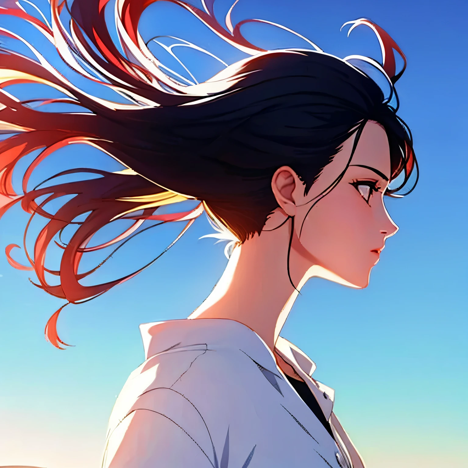 1girl, black hair, blue sky, from side, long hair, outdoors, profile, sky, solo