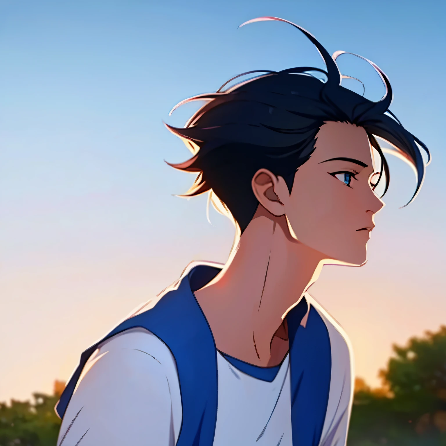 1boy, black hair, blue sky, from side, short hair, outdoors, profile, sky, solo