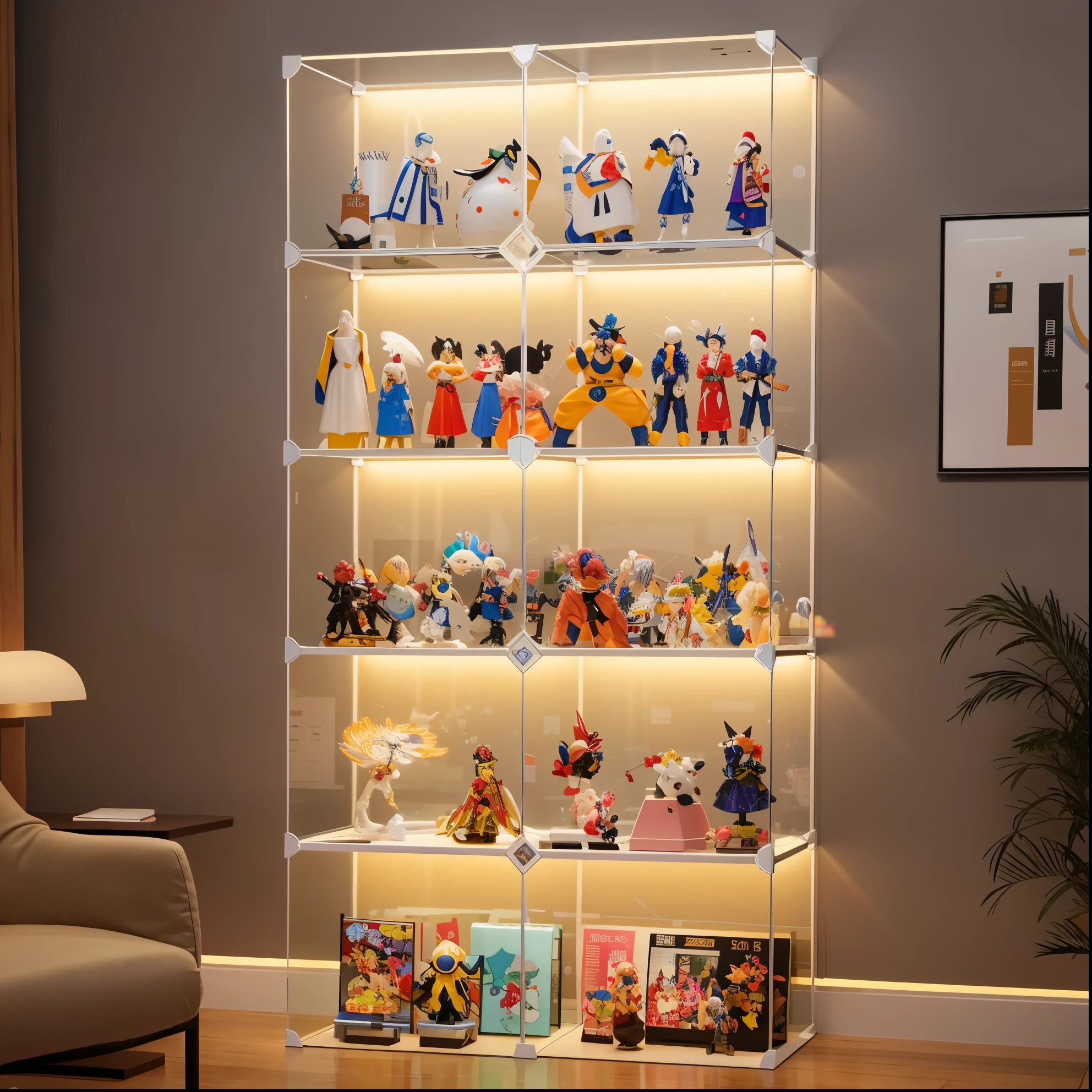 这个房间的shelf上有许多不同的玩具, display cabinet, 產品exhibit, 全息案例exhibit, Detailed images, 电子案例exhibit, clear numbers, animation lighting, anime statue, shelf, OLED lamp in the corner, exhibit, anime action figures, The shelves are full, exhibit, Japanese series products, collectible action figure, game box, 电气案例exhibit