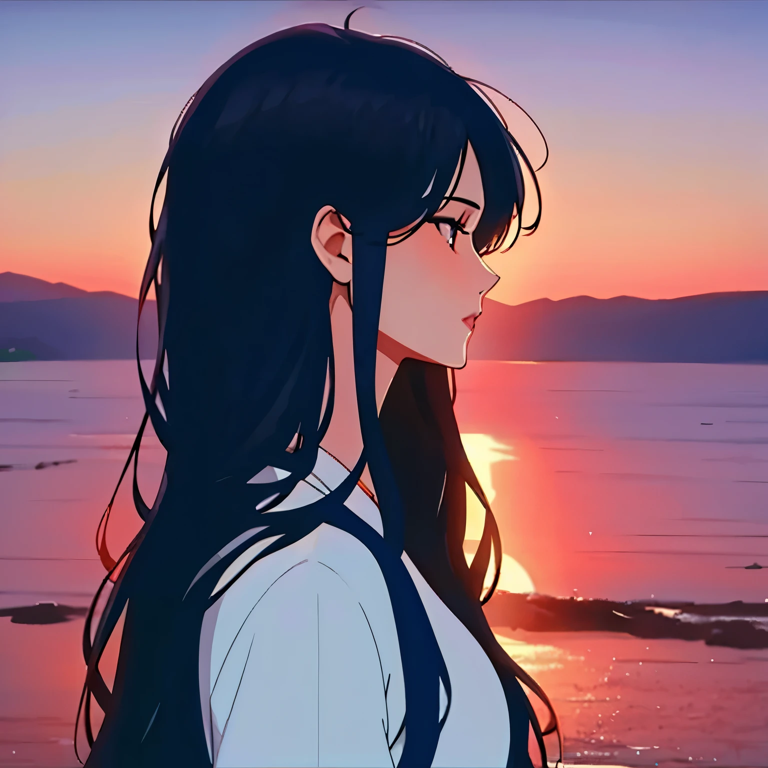 1girl, black hair, blue sky, from side, long hair, theme, profile, solo