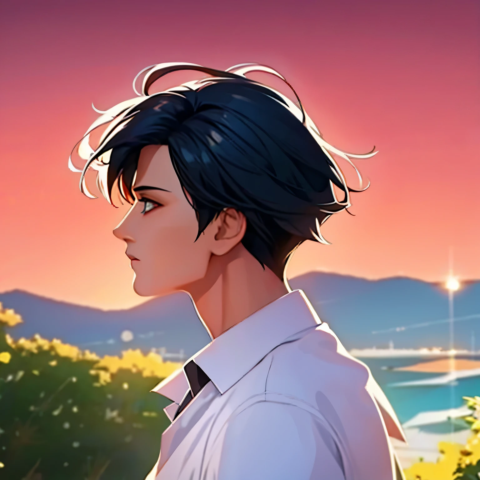 1boy, black hair, blue sky, from side, short hair, theme, profile, solo