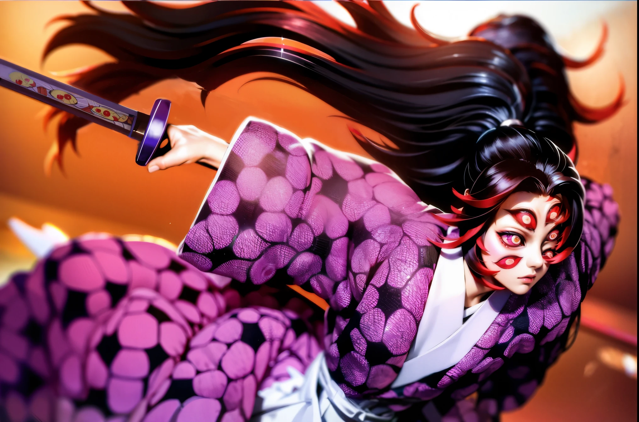 (masterpiece, best quality:1.2), kimetsu no yaiba style, kokushibo, (1man, solo), 30years old, upper body, long ponytail hair, extra eyes, Japanese monk's working clothes, (holding KATANA, Kbkatana)