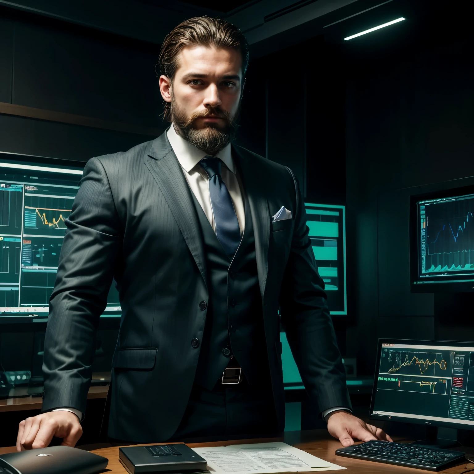 (best quality,4k,8k,highres,masterpiece:1.2),ultra-detailed,(realistic,photorealistic,photo-realistic:1.37),man in his 30s,crypto currency enthusiast,crypto mining expert,American man with white appearance,sharp facial features,charismatic expression,piercing blue eyes,detailed beard and mustache,attentively looking at the camera,bespoke suit with a neatly tied tie,engrossed in his work,high-tech computer setup with multiple monitors,advanced mining equipment,stacks of golden Bitcoins symbolizing wealth and success,vibrant green binary code streaming around him,modern office with sleek furniture and glass walls,up-to-date trending news about cryptocurrencies displayed on screens,wall decorated with inspirational quotes about blockchain technology,glowing neon sign saying "Crypto Master" hanging above his desk,Renaissance-style oil painting in the background highlighting his passion for art and culture,vivid colors to enhance the overall visual impact of the image,subtle warm color tone to create a welcoming and inviting atmosphere,natural daylight streaming through the windows,casting a soft glow on the scene.