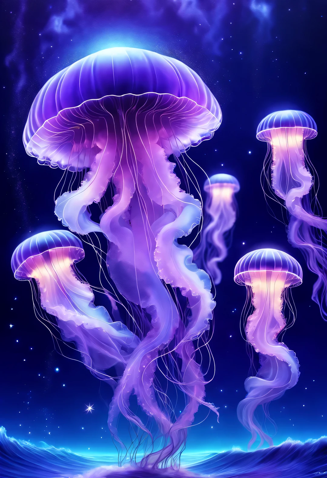 black light art,jellyfish fashion,glowing purple,Background dark blue sea bottom,twinkling stars