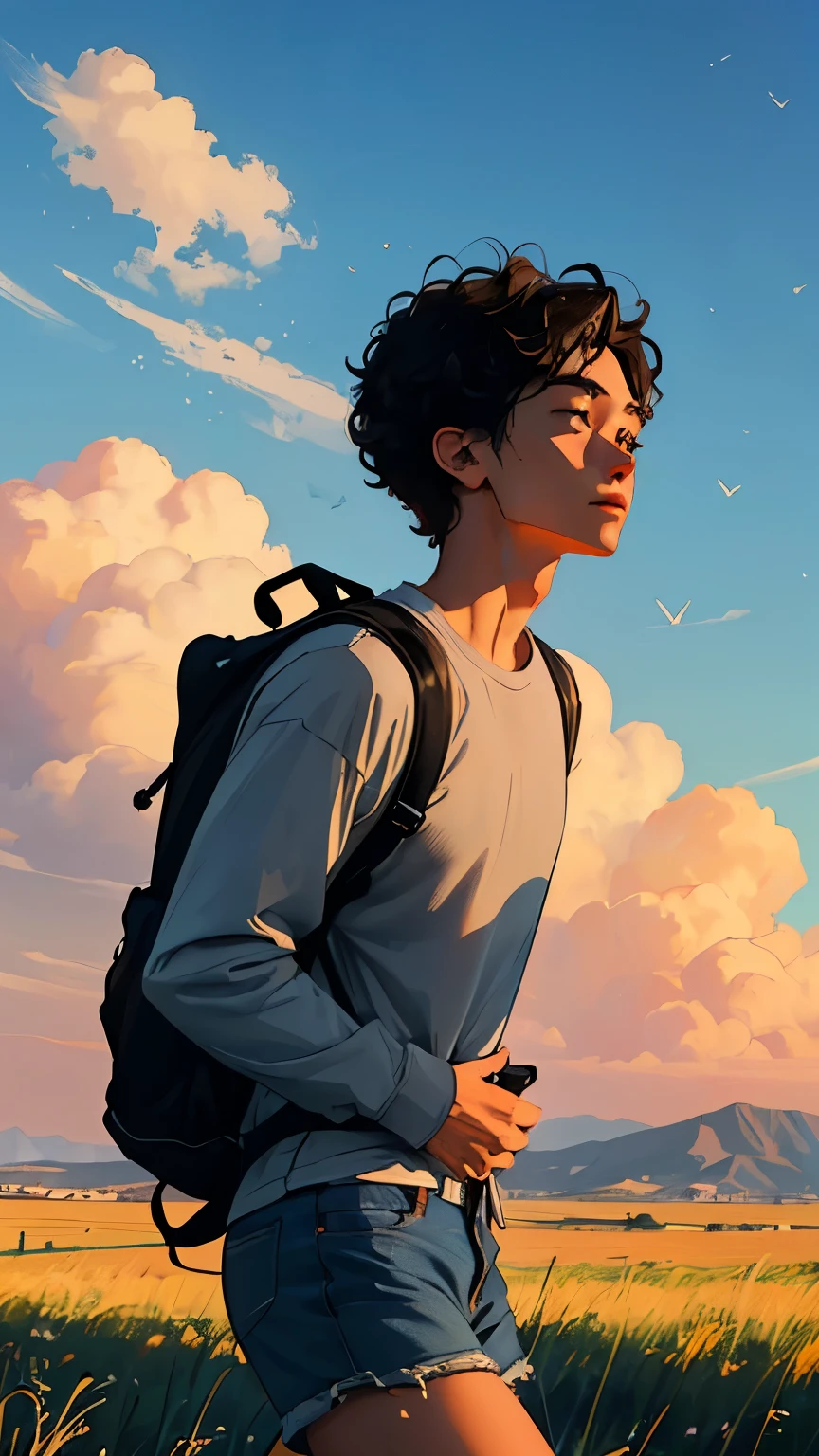 (beautiful and magnificent skyline, majestic sky), (extremely tense and dramatic pictures, moving visual effects), (high hanging Polaris, colorful natural light), (1boy), (long-sleeved top, denim shorts, carrying a backpack), (dynamic pose:1.3, coffe eyes, round face-curly hair, handsome boy)[:0.8], (large grassland), (oncoming breeze), (black hair and background Coordination effect: 1.2), (close shot, long shot mix and match)[::0.9]