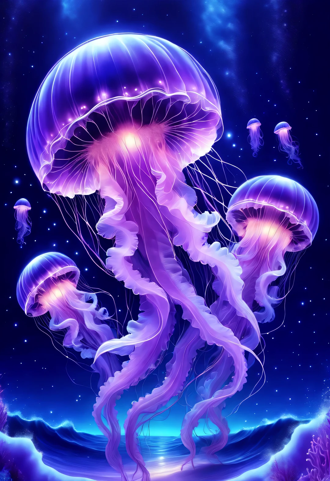 black light art，jellyfish fashion，glowing purple，Background dark blue sea bottom，twinkling stars