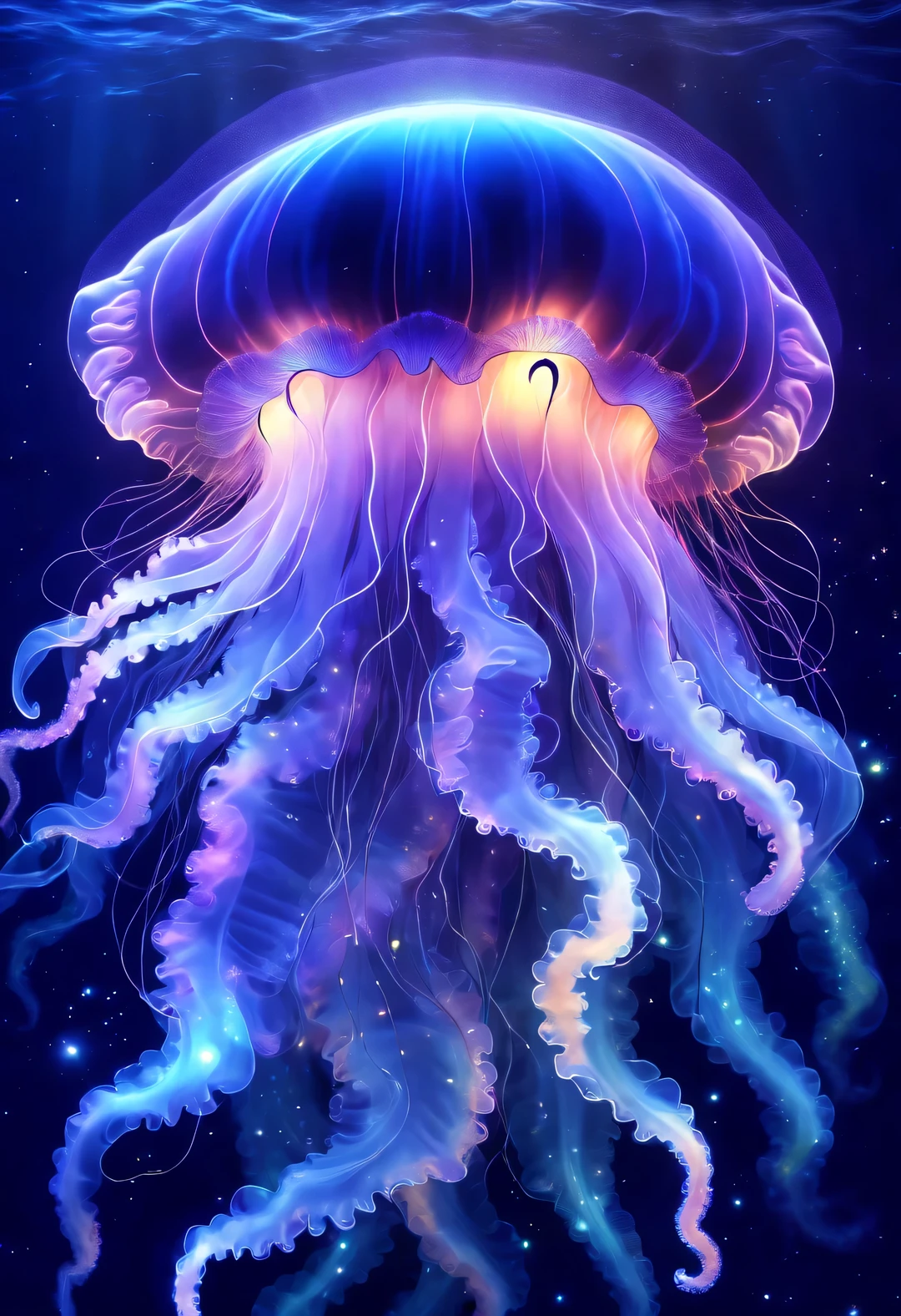 black light art,Grandpa Jellyfish,Shining with colorful light,Background dark blue sea bottom,twinkling stars,Top divine light,
