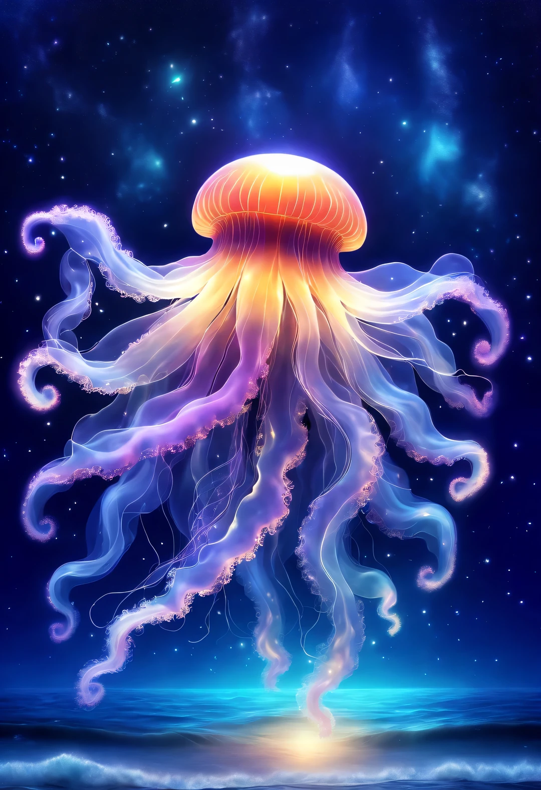 black light art,Grandpa Jellyfish,Shining with colorful light,Background dark blue sea bottom,twinkling stars,Top divine light,