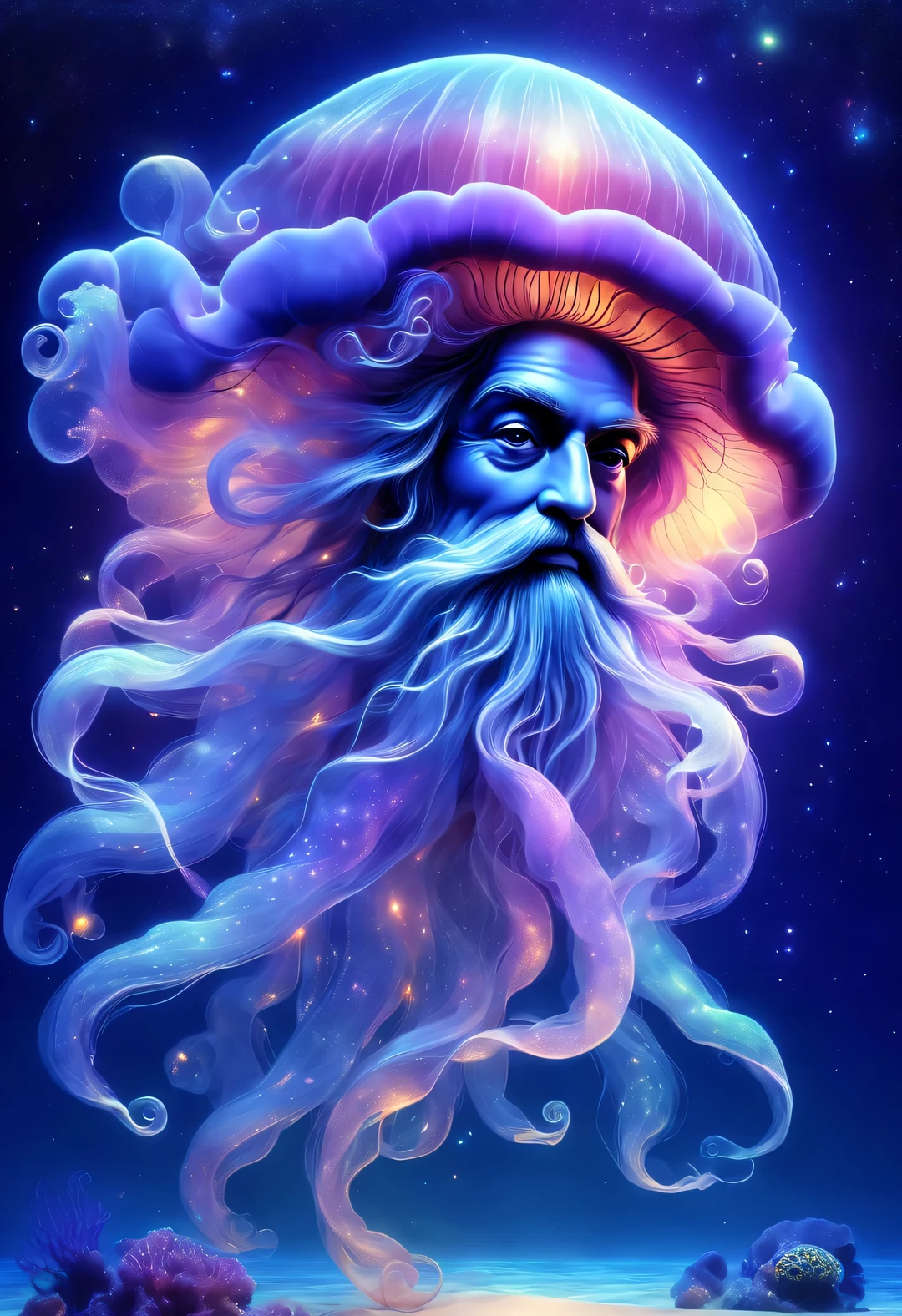 black light art，Aladdin Jellyfish Grandpa，Shining with colorful light，Background dark blue sea bottom，twinkling stars