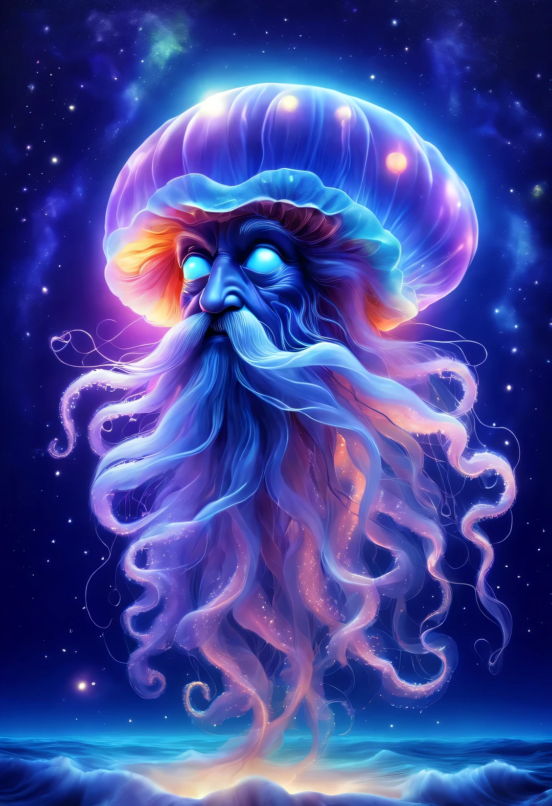 black light art,Aladdin Jellyfish Grandpa,Shining with colorful light,Background dark blue sea bottom,twinkling stars