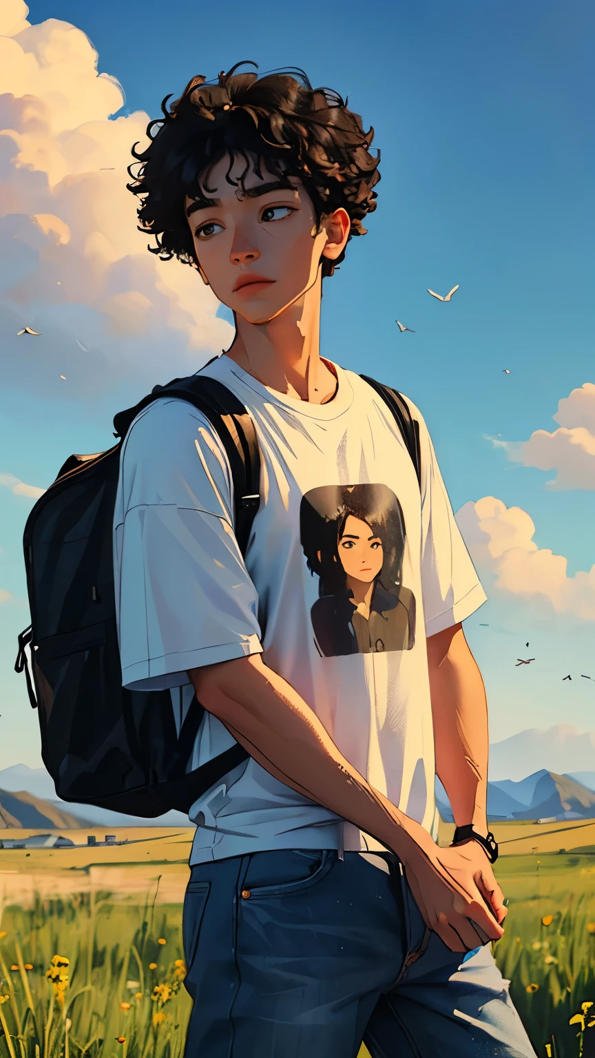 (beautiful and magnificent skyline, majestic sky), (extremely tense and dramatic pictures, moving visual effects), (high hanging Polaris, colorful natural light), (1boy), (half-sleeved tshirt, denim jens, carrying a backpack), (dynamic pose:1.3, coffe eyes, round face-curly hair, handsome boy)[:0.8], (large grassland), (oncoming breeze), (black hair and background Coordination effect: 1.2), (close shot, long shot mix and match)[::0.9]