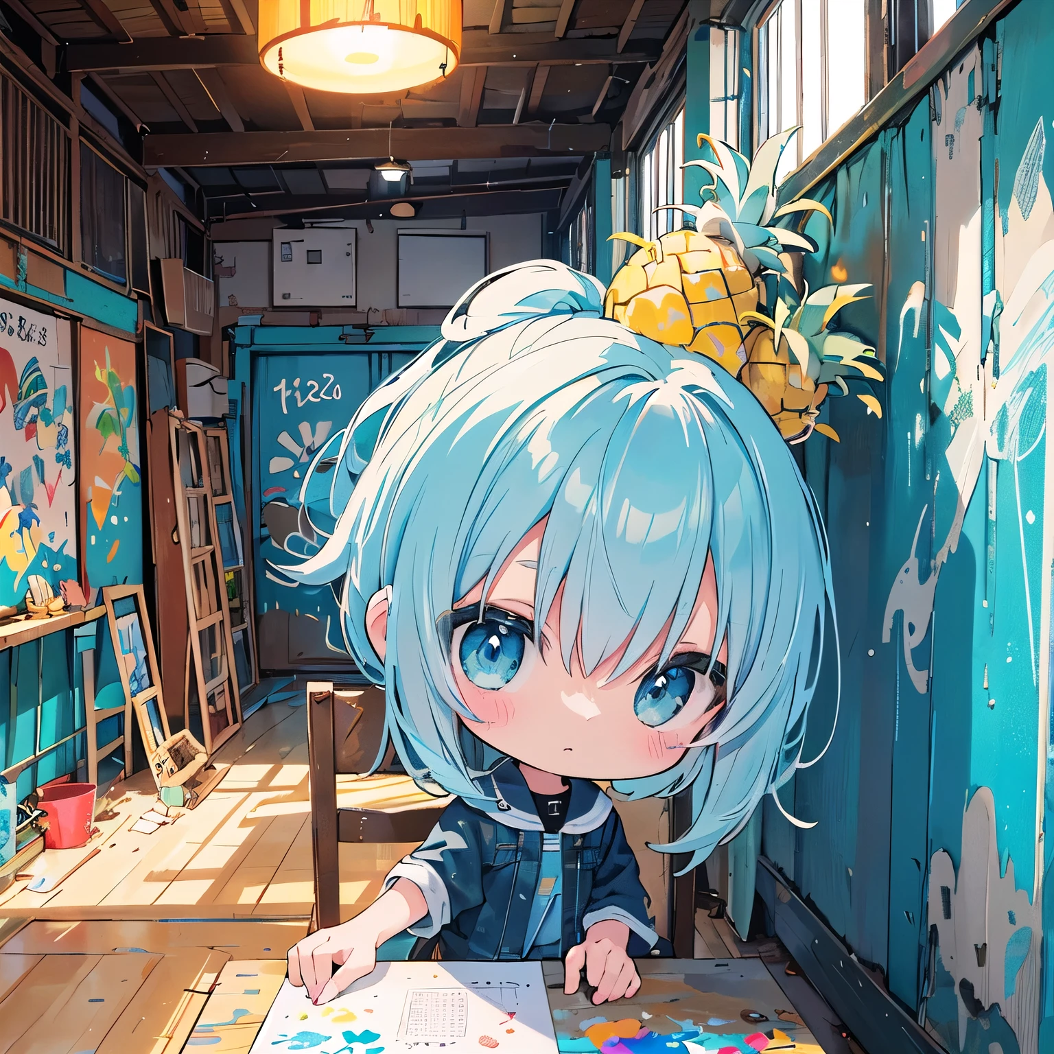 Light blue chignon hair,expressionless chibi,pineapple,mural,light up,shutter art,painted with colorful spray,whole body,A world view full of art,chair,It&#39;s amazing,It&#39;s powerful,pineappleアクセサリー,dilapidated study,Overhead view from diagonally above,eccentric chibi,It has depth,paint on the face,miniature photography style