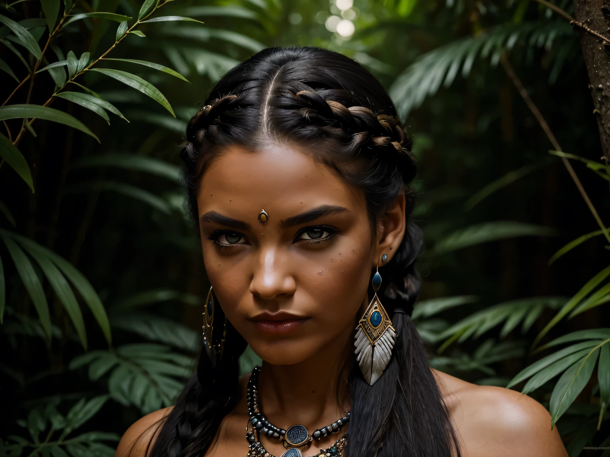 ((Realistic:1.5)), ((Best quality)), ((Masterpiece)), ((detailed)), (photorealism), (Exact proportions), (Ultra wide angle lens), (detailed face, Beautiful black eyes, detailed pupils, clear background: 1,3), ((several girls)), Full-length figures, dark-skinned North American savages in primitive clothes sneak with spears, ((native North American appearance)), wild hunters in wild outfits sneak with spears, moist oily skin, (Savage embellished jaguar leather dress), embellished statement necklace, massive embellished bracelets, massive earrings, large toned breasts, hidden by skin, long legs, wide steep hips, Strong Trained Body, Long thick black hair braided into a braid, wide cheekbones, plump lips, Focused gaze, night sky, night forest, dense thickets, jungle, best shadow, bright details, perfect composition, sharp focus, end of the world