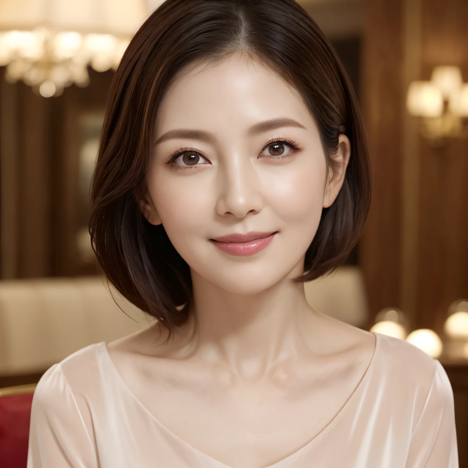 (highest quality、table top、8k、best image quality、Award-winning work)、one beautiful mature woman、strongly blurred dining room background、stylish dining room、The most natural and perfect apartment dining room interior、(The perfect elegant and beautiful loungewear:1.1)、Plump and shiny lips、smile kindly at me、professional lighting、illuminate the face、short bob hair、(wrinkled face:1.05)、(wrinkles around the eyes:1.05)、(nasolabial folds:1.05)、(small wrinkles:1.05)、(close up of face:1.05)、classy and perfect makeup、Ultra high definition beauty face、ultra high definition hair、Super high-definition sparkling eyes、(Shining ultra-high definition beautiful skin:1.1)、Super high resolution glossy lips、(accurate anatomy:1.1)、ultra high definition hair