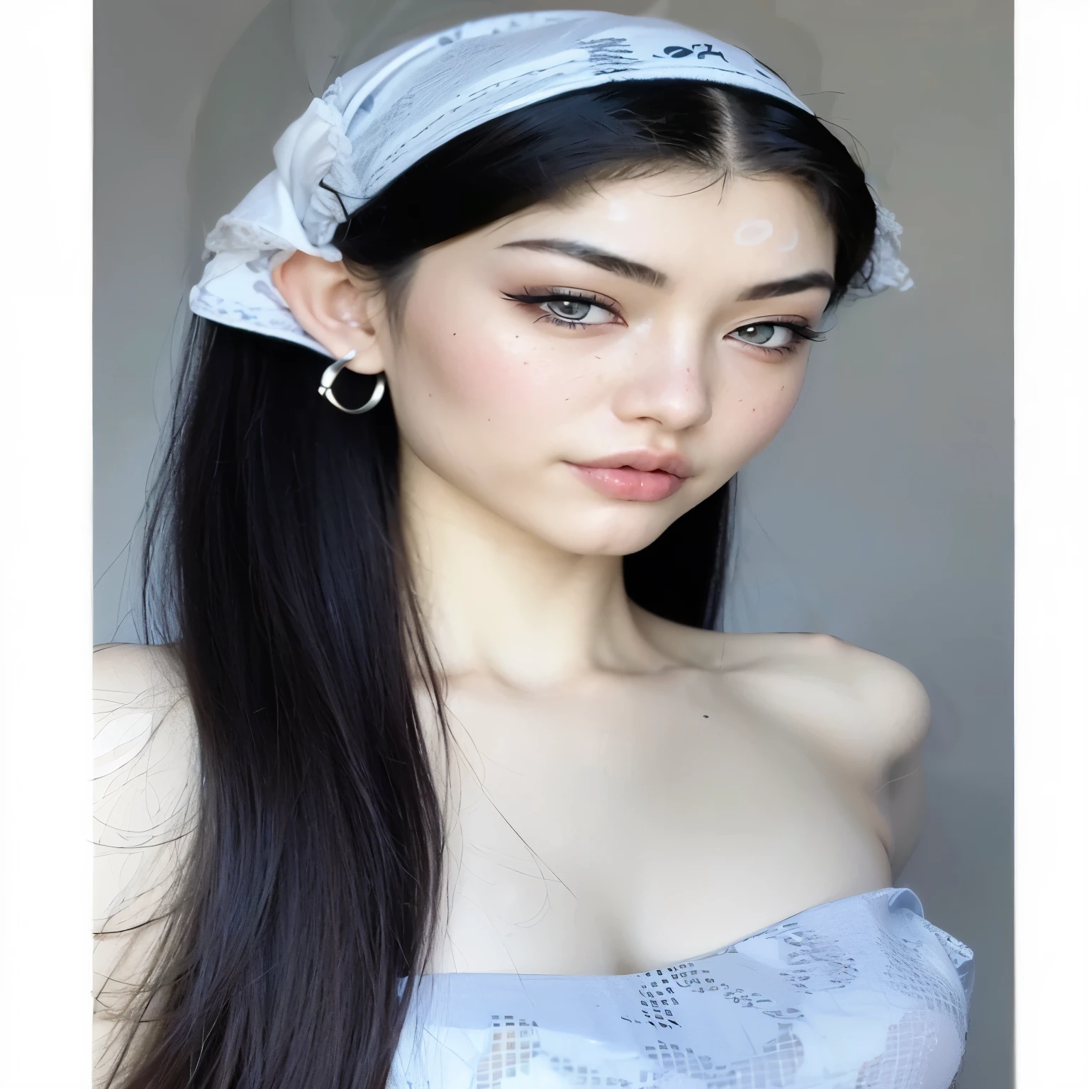 a close up of a woman with a head scarf on, beautiful aesthetic face, soft flawless pale skin, perfect face ), black hair and large eyes, pale glowing skin, natural soft pale skin, bella poarch, 18 years old, pale beautiful skin, extremely beautiful face, with black pigtails, belle delphine, pale goth beauty, pale-skinned persian girl, blackpink Jennie 