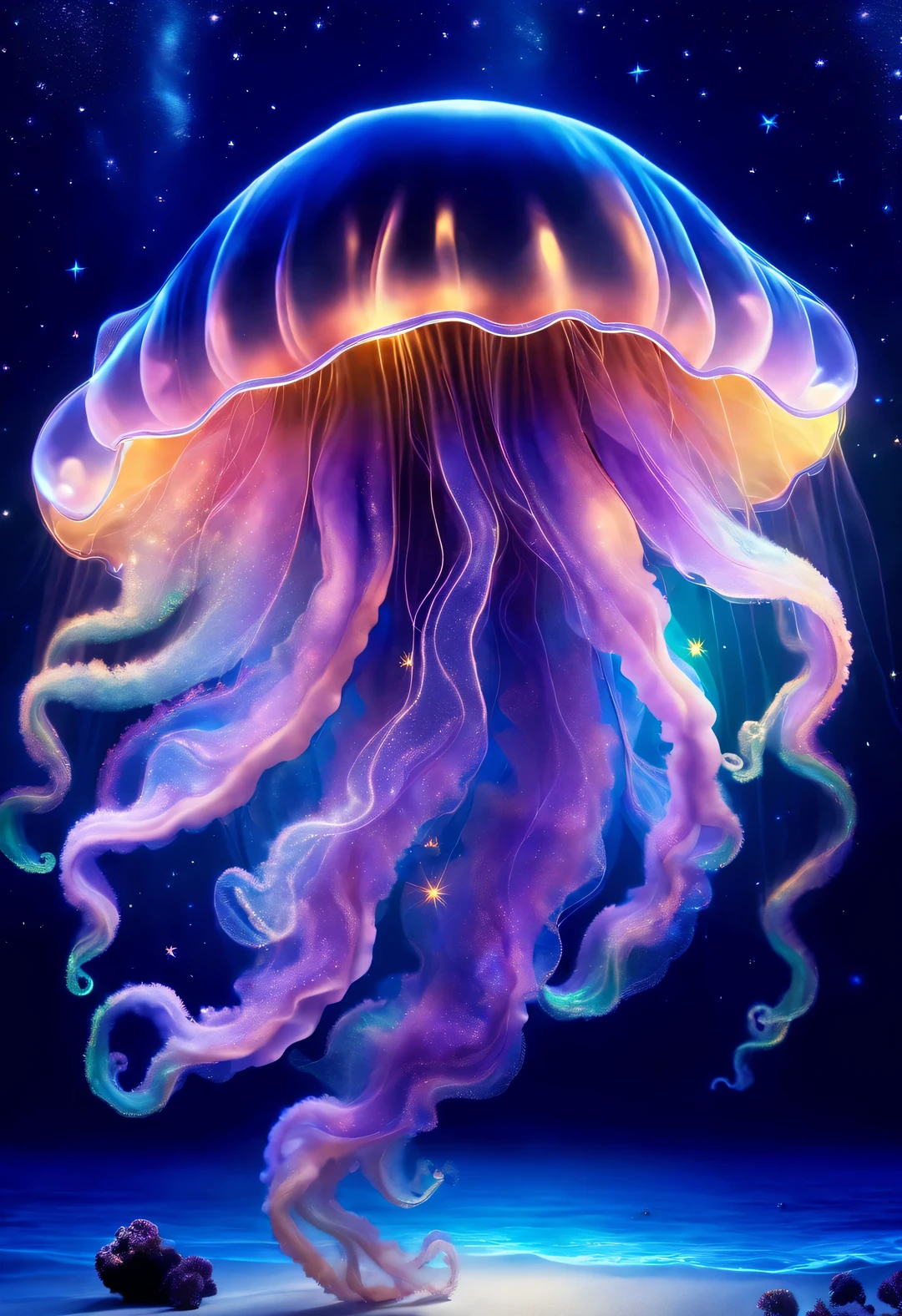 black light art，Aladdin Jellyfish Grandpa，Shining with colorful light，Background dark blue sea bottom，twinkling stars