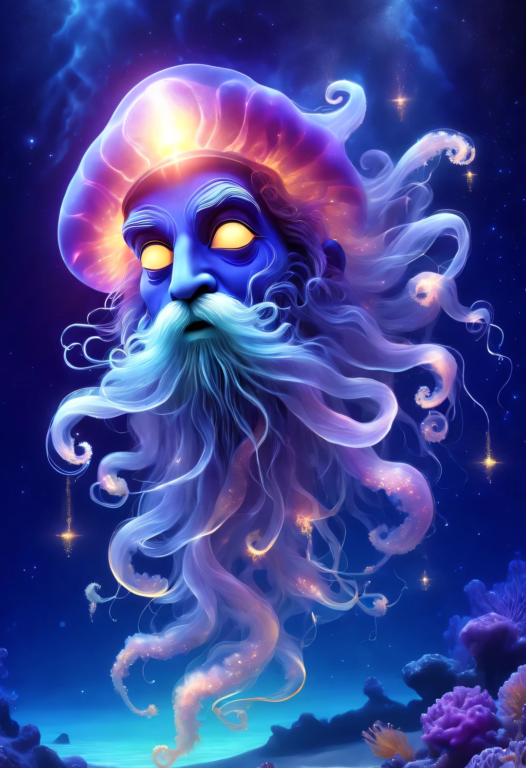black light art，Aladdin Jellyfish Grandpa，Shining with colorful light，Background dark blue sea bottom，twinkling stars