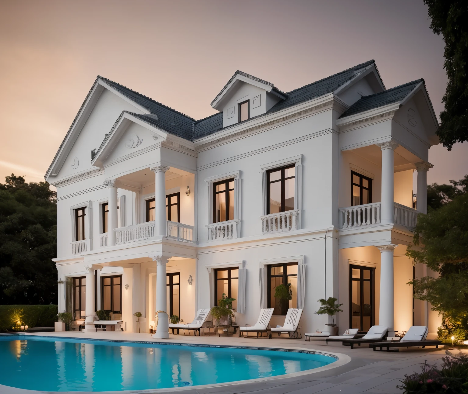 RAW photo, Masterpiece, high quality, best quality, authentic, super expensive, neoclassical architecture, 1st floor covered with amber granite, 2nd floor painted white, artistic iron railing, swimming pool with girl in bikini lying on chair, sunset light)), Archdaily architecture, (high detail: 1.2), 8k uhd, dslr, soft light, high quality, film grain, Fujifilm XT3