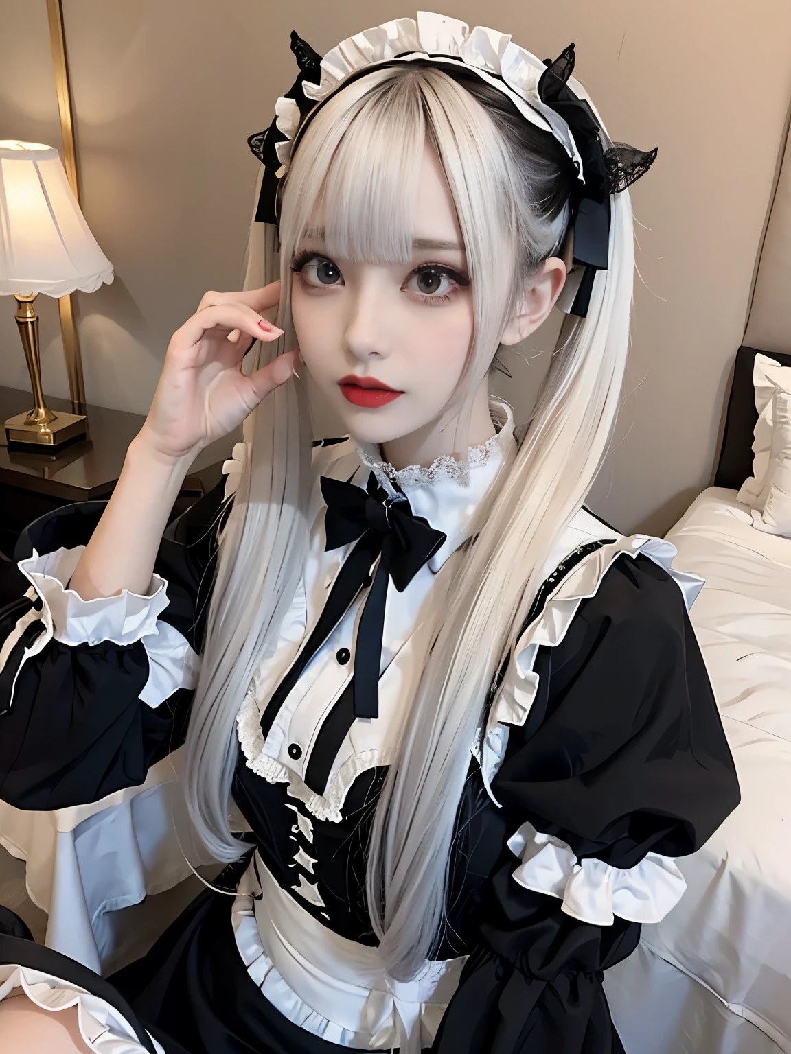raw photo, 8k, (top-quality), Realistic, (real picture, Intricate details), (natural skin texture, detailed skin, hyper realism, sharpness), (Japanese age girl in luxury hotel at night, Suite Room), ((maid costume with black and white, loliashion, gothic fashion), (slender body, pale skin:1.2), ((white hair, twintail hairstyle, blunt bangs)), (provocative look, Parted lips:1.3, eye shadow, eyeliner, tear bag:1.3, red lips), thighs, night time, spot lighting:1.3
