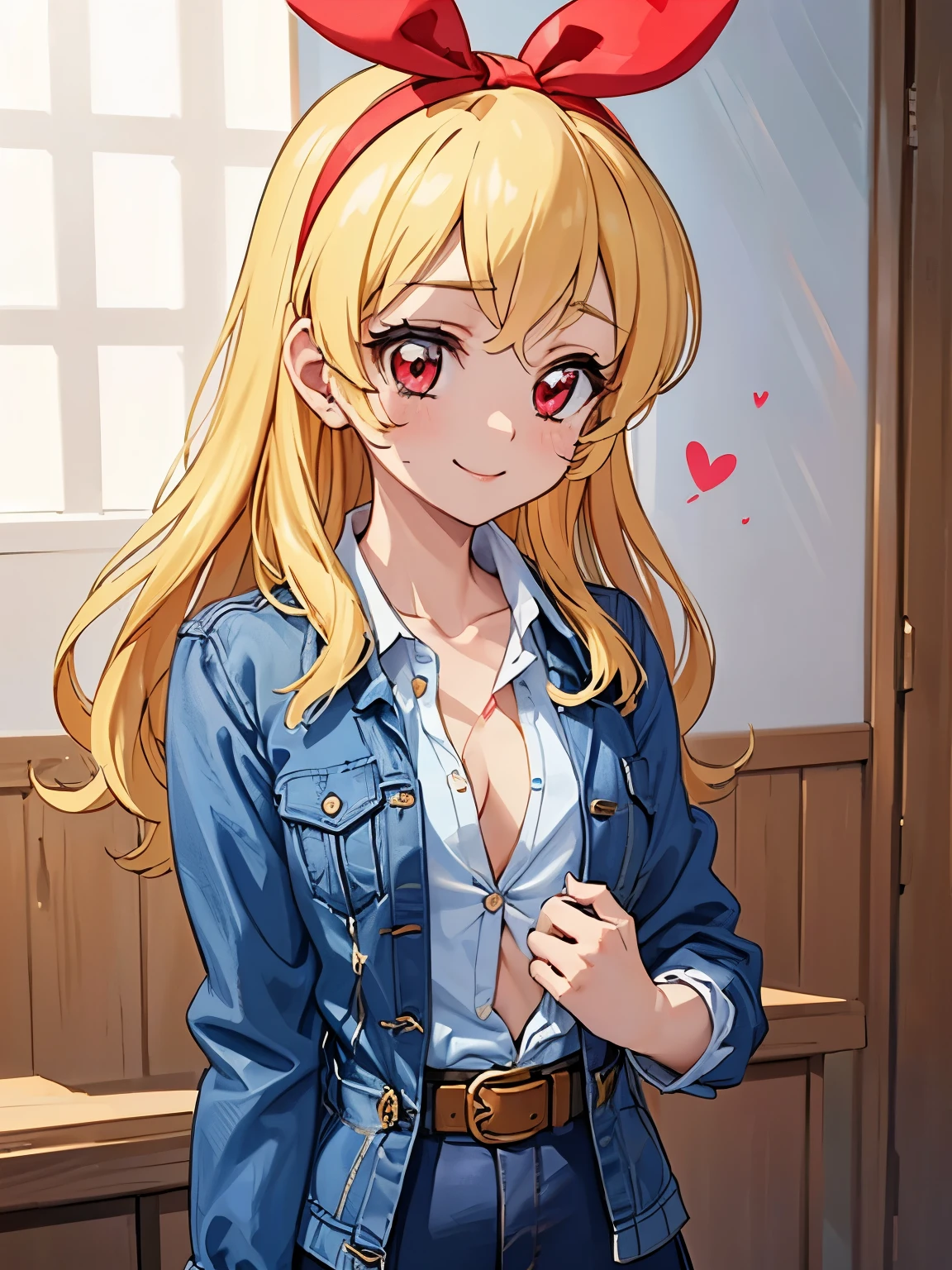 (ero:0.72),aikatsu,(RED Ribbon on HAIRband:1.2),(masterpiece, best quality), cowboy shot, BREAK 10yo, ,Medium_breasts, (blonde hair), red eyes, (Beauty skin:1.3), heart neckless, BREAK school uniform, (shirt tucked in, white collared shirt:1.3), black mini skirt, BREAK (unbuttoned Blue Jacket:1.5), sleeves past wrist, collarbone, BREAK black_bra:1.8,handpull,pulled by self,clothes pull,shirt pull:1.8,cleavage:1.8,selfie,smile,blush,cowboy shot,showing_bra:1.8, (unbuttoned shirt:1.9),Ichigo Hoshimiya (Aikatsu!)