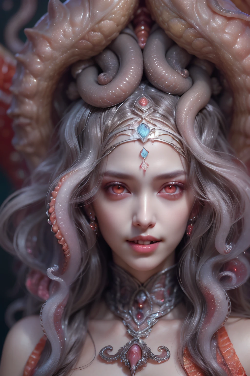 Portrait, (beautiful female alien:1.2),  (There is a female genital-like organ in the middle of the forehead.:1.8), (The most beautiful face in the history of the universe:1.2), (scarlet eyes:1.6), (Translucent skin:1.8), an evil gaze that seduces , (red eyes:1.5), Full body like, (sexypose:1.5), alien, No humans, cells are fused, (Lots of translucent tentacles:1.1) (Translucent skin:1.3), extraterrestrial, cell, bio image, 魅惑的, Best Quality, 8K,4K_quality, High Definition, Dramatic Lighting, masutepiece:1.5,cinematic quality, detail up, (Intricate details:1.2), High resolution, High Definition, drawing faithfully, (Thick eyebrows:1.2), Beautiful eyes with fine symmetry, (Ultra detailed eyes:1.2),(Highly detailed face and eyes:1.2), (High-resolution red-eye:1.4), Intimate face, (Super detailed skin quality feeling:1.4), Perfect Anatomy,  (Beautiful toned body:1.5),  (Moist skin:1.2), No makeup, (dark circles:1.1), long canines, cinematic drawing of characters, ultra high quality model, cinematic quality, detail up, (Intricate details:1.2), High resolution, High Definition, drawing faithfully, Official art, Unity 8K wall  , 8K Portrait, Best Quality, Very High resolution, ultra detailed artistic photography, midnight aura,  unreal enginee 5, Ultra Sharp Focus, art by alberto seveso, ArtGerm, Roisch, intricate artwork, Medusa, best quality, masutepiece, ultra High resolution, (photos realistic：1.4), Ultra-realistic realism, dream-like,  nautilus, Creation of fantasy, Snail, Dream Snail,  biopunk nautilus, Thrilling color schemes， Ultra-realistic realism， seductively smiling, Blue tentacles