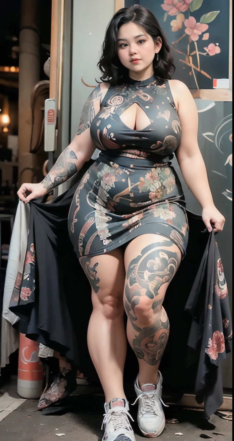 ((best quality)), ((masterpiece)), (detailed), perfect face, ((best quality)), ((masterpiece)), (detailed), perfect face, wanita chubby dewasa, wearing thight dress and thight skirt, chubby cheeks, chubby arm, chubby thighs, big breasts, wearing a sneakers, medium hair style, full body photoshoot, tattooed body , walk pose in a dark room , tattooed all over hands