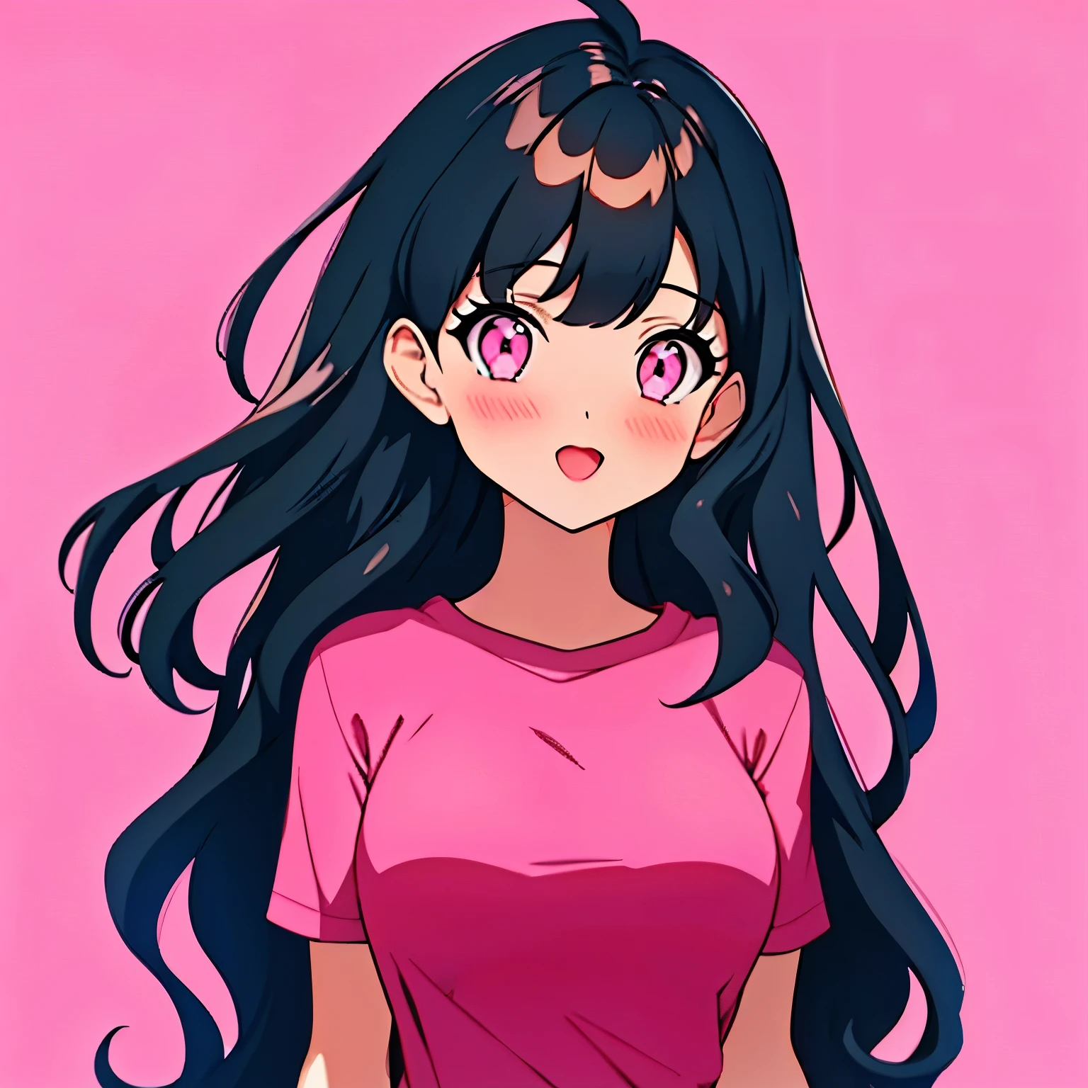 1girl, black hair,bangs, heart, looking at viewer, pink background, pink shirt, pink theme, shirt, long hair, short sleeves, solo, upper body, v