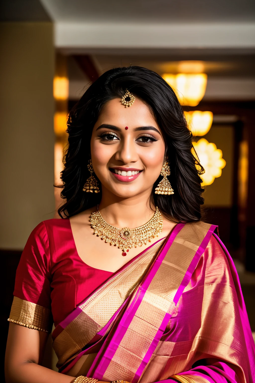 RAW photo, full body portrait photo of beautiful 26 y.o woman, cute face, wearing Indian saree, happy face, hard shadows, cinematic shot, dramatic lighting,in a Indian wedding hall