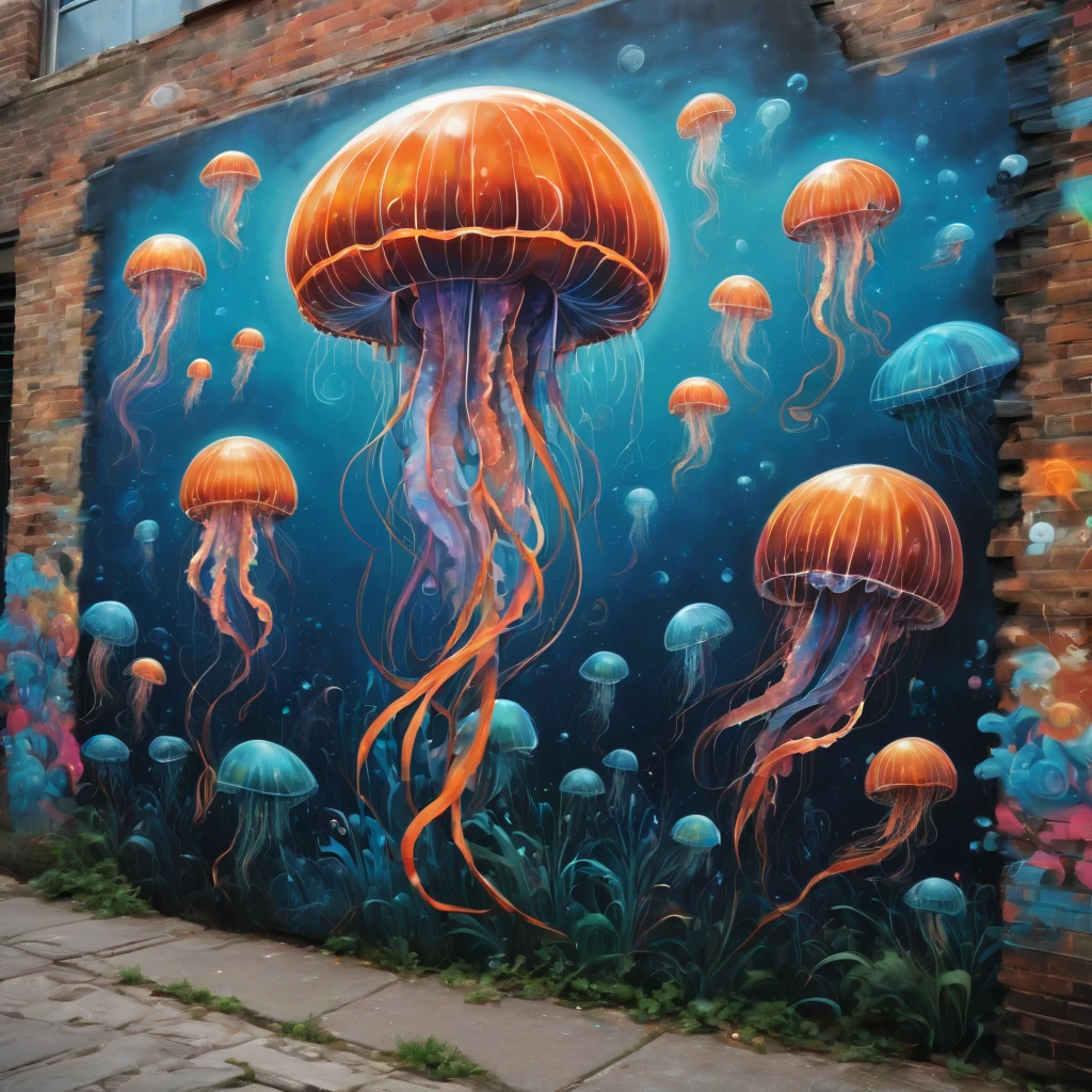 (masterpiece, best quality), magical Jellyfish, zentangle, Graffiti Comics on street wall, signed by word "TUPU",
