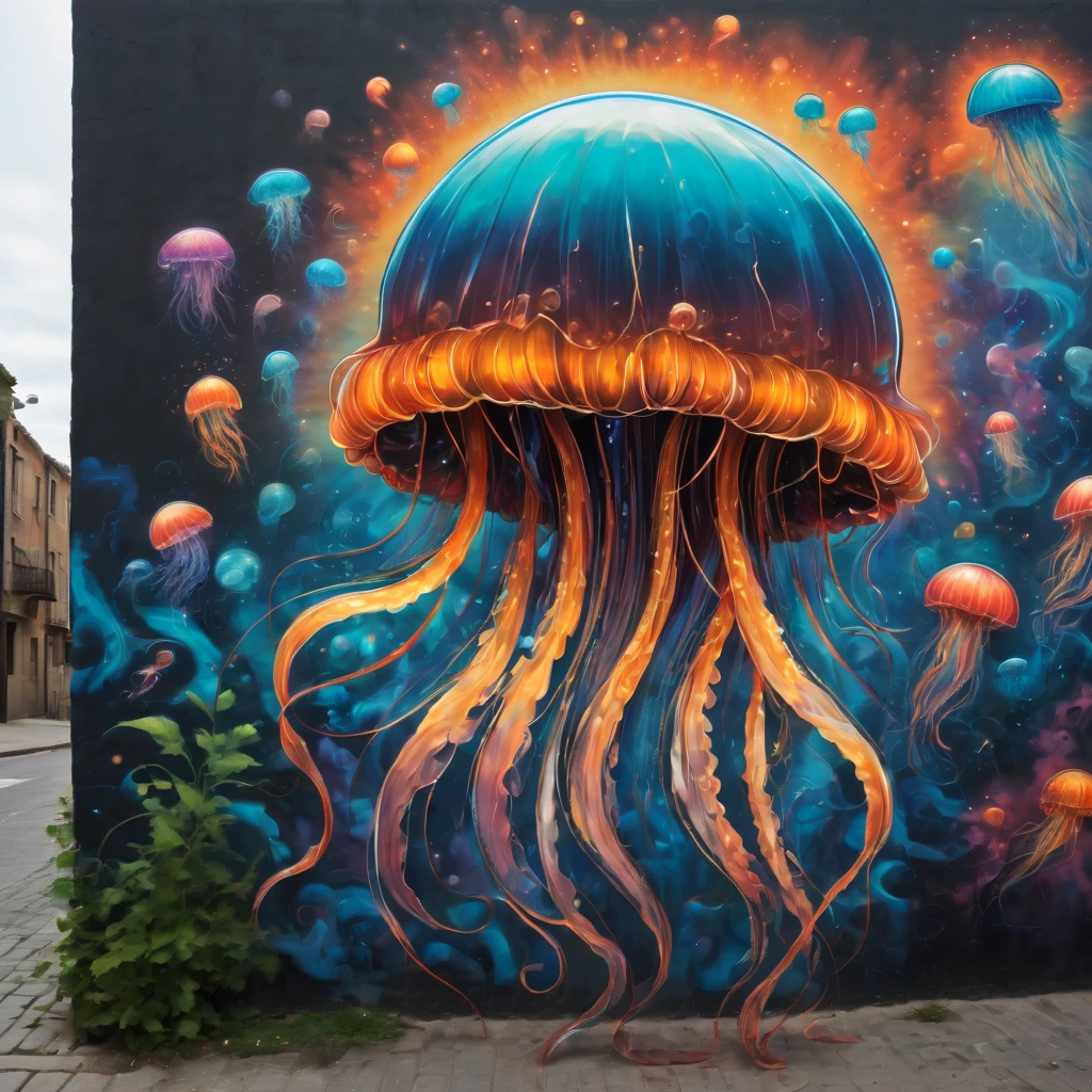 (masterpiece, best quality), magical Jellyfish, zentangle, Graffiti Comics on street wall, signed by word "TUPU",
