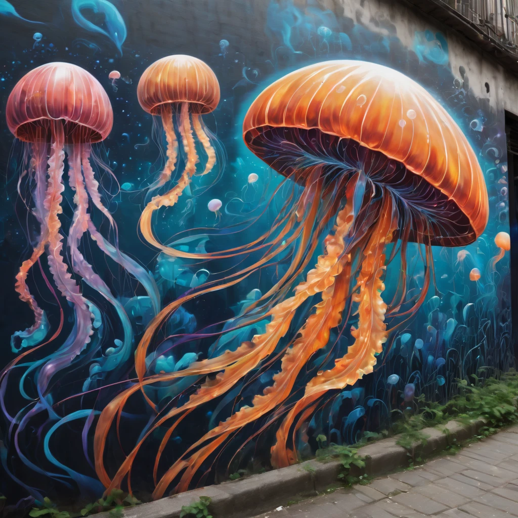 (masterpiece, best quality), magical Jellyfish, zentangle, Graffiti Comics on street wall, signed by word "TUPU",