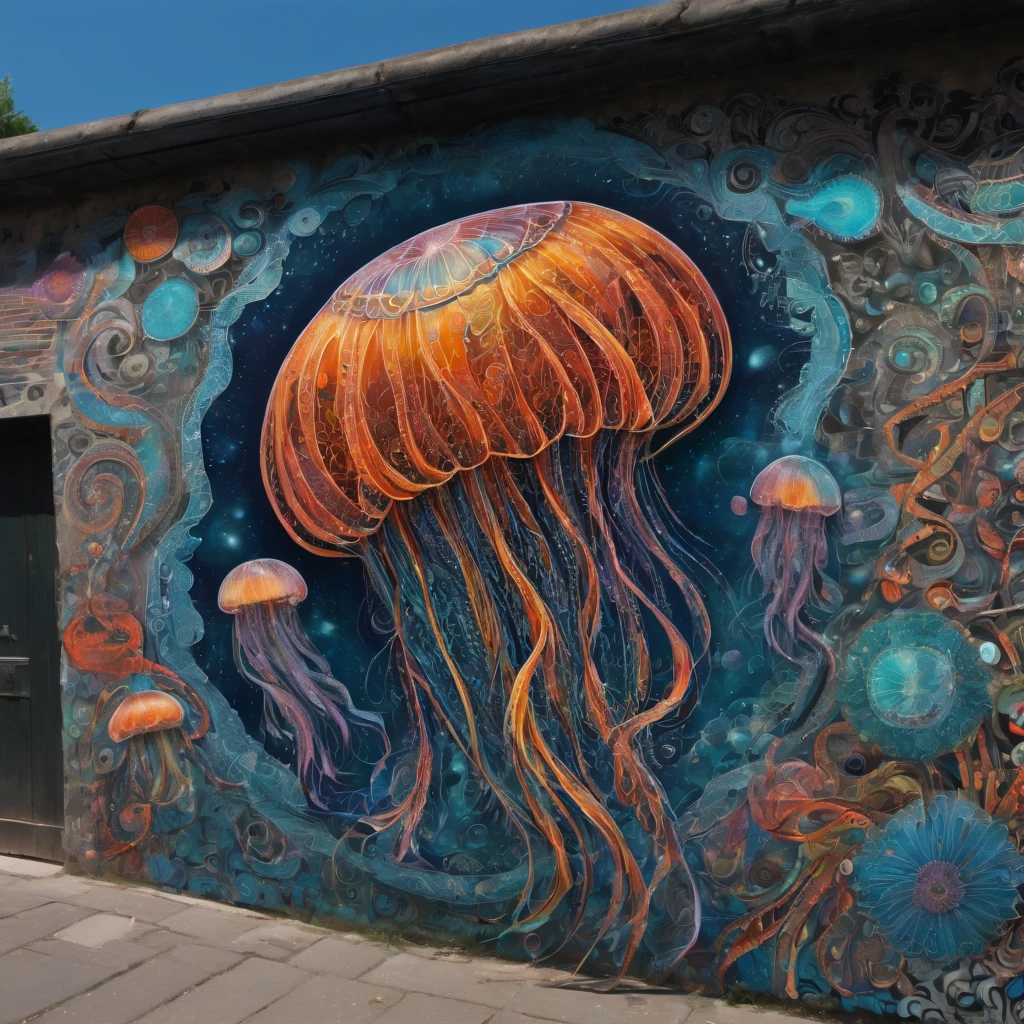 (masterpiece, best quality), magical Jellyfish, zentangle, Graffiti Comics on street wall, signed by word "TUPU",