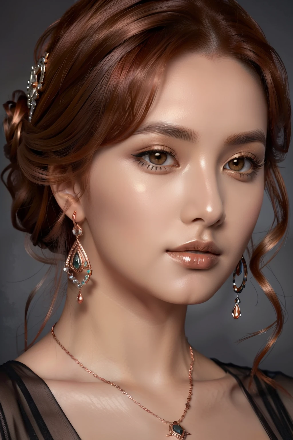 (masterpiece:1.21),(bestquality:1.21),8k,high detailed,ultra-detailed,depth of field,wide angle,1girl,beautiful face,Graceful Hands,Real Skin Texture,solo,looking at viewer,clean background trending,(portrait photo of a gray backdrop),black eyes,beautiful detailed eyes,random_color_lipstick,eyeliner,eyelashes,random_color_nail_polish,earrings,necklace,
Metallic copper Hair,updo,Smug,High key lighting,shadow