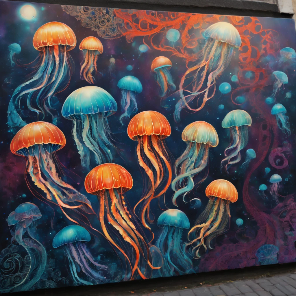 (masterpiece, best quality), magical Jellyfish, zentangle, Graffiti Comics on street wall, signed by word "TUPU",