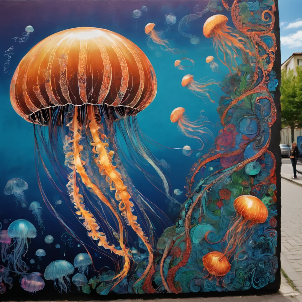 (masterpiece, best quality), magical Jellyfish, zentangle, Graffiti Comics on street wall, signed by word "TUPU",
