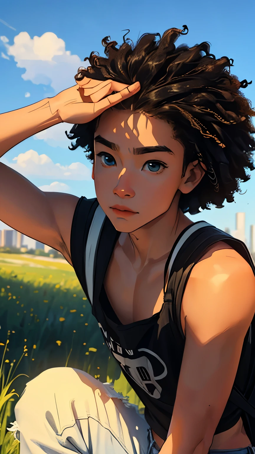 (beautiful and magnificent skyline, majestic sky), (extremely tense and dramatic pictures, moving visual effects), (high hanging Polaris, colorful natural light), (1boy), (tank tshirt, denim jens, carrying a backpack), (dynamic pose:1.3, coffe eyes, round face-curly hair, handsome boy)[:0.8], (large grassland), (oncoming breeze), (black hair and background Coordination effect: 1.2), (close shot, long shot mix and match)[::0.9]