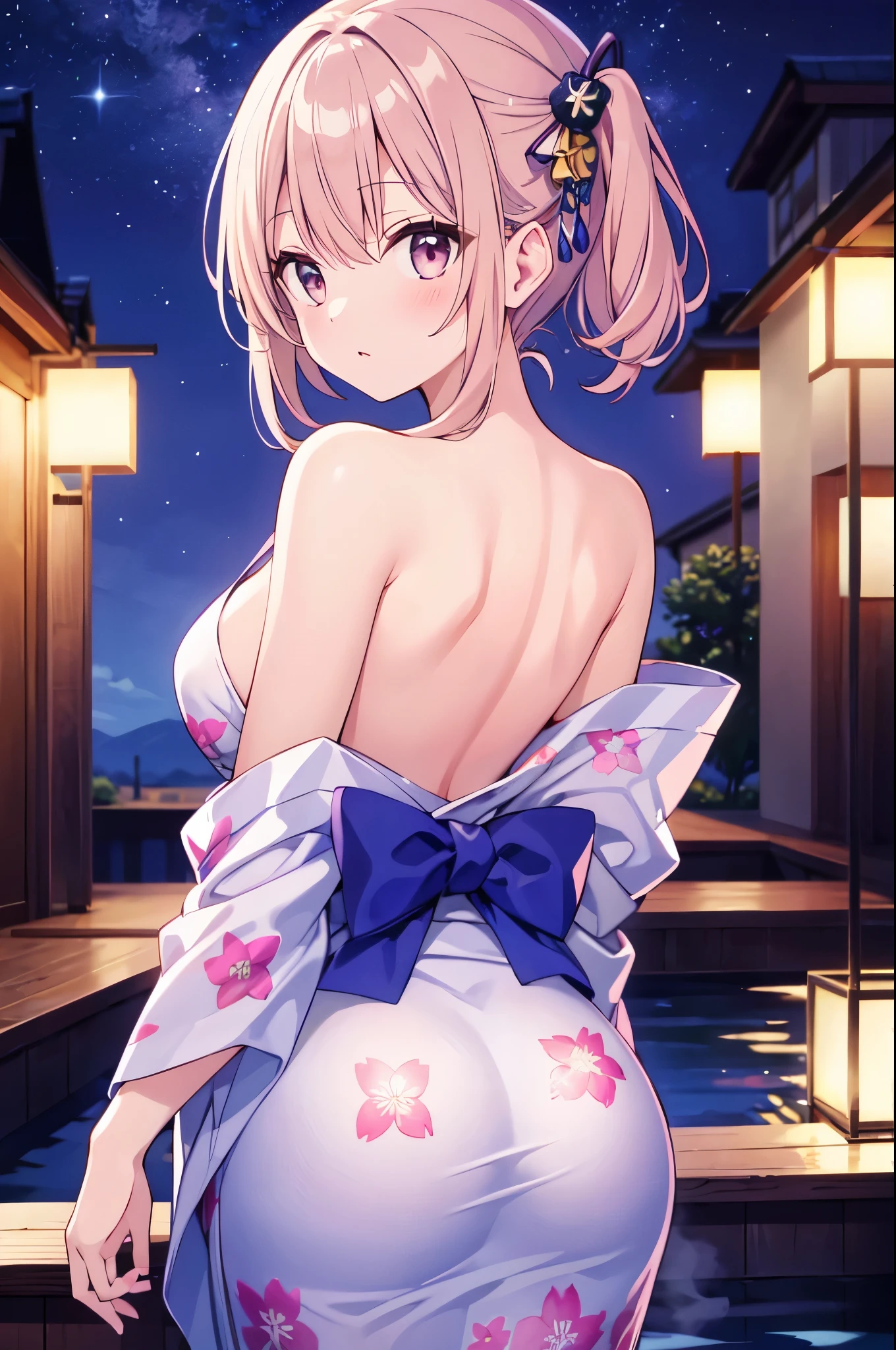 （masterpiece）、(highest quality)、((Super detailed))、(super delicate)、pastel colored hair、Beautiful side breasts、beautiful back、Beautiful butt、yukata、Hot spring at night、fantastic starry sky