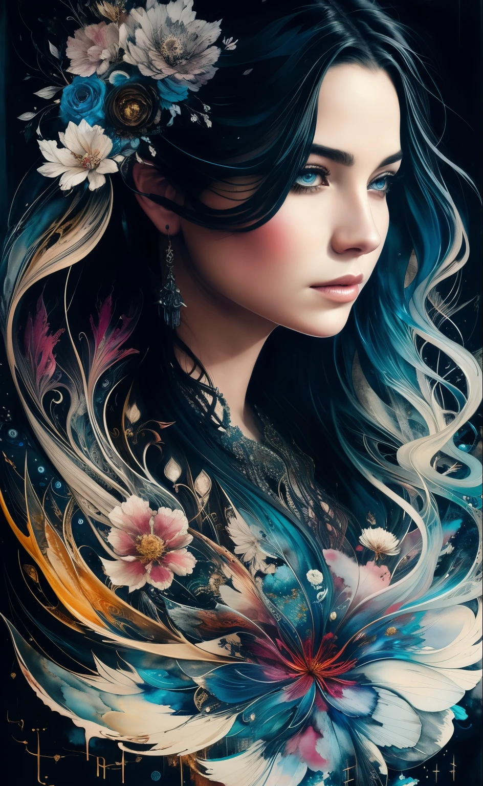 Colorful beautiful woman: Black ink flow: 8k resolution photorealistic masterpiece: by Aaron Horkey and Jeremy Mann: intricately detailed fluid gouache painting: by Jean Baptiste Mongue: calligraphy: acrylic: watercolor art, professional photography, natural lighting, volumetric lighting maximalist photoillustration: by marton bobzert: 8k resolution concept art intricately detailed, complex, elegant, expansive, fantastical