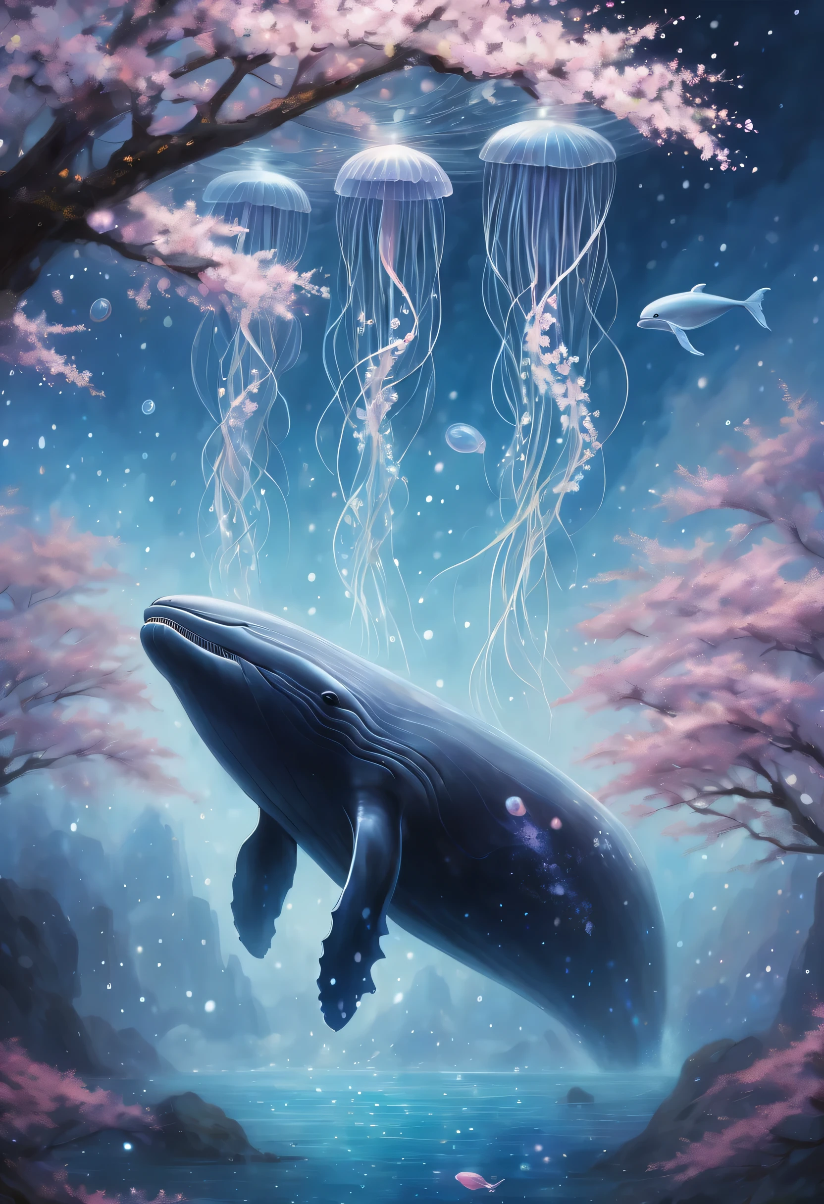 Beautiful flower jellyfish floating gracefully, Drifting and creating eerie mysteries, Wolf-like face, mysterious underwater kingdom, Steampunk otherworldly ruins with deep abyss, semi-transparent creatures, The grace of fantastic fantasy, Tentacle pattern that follows in a flowing manner, detailed decorative paintings, Many small jellyfish, intricate and detailed, stunning realism illustrations, Delicate vines sparkle in a mesmerizing dance, really numbers, Exquisite and fascinating pieces centered around gold and black,