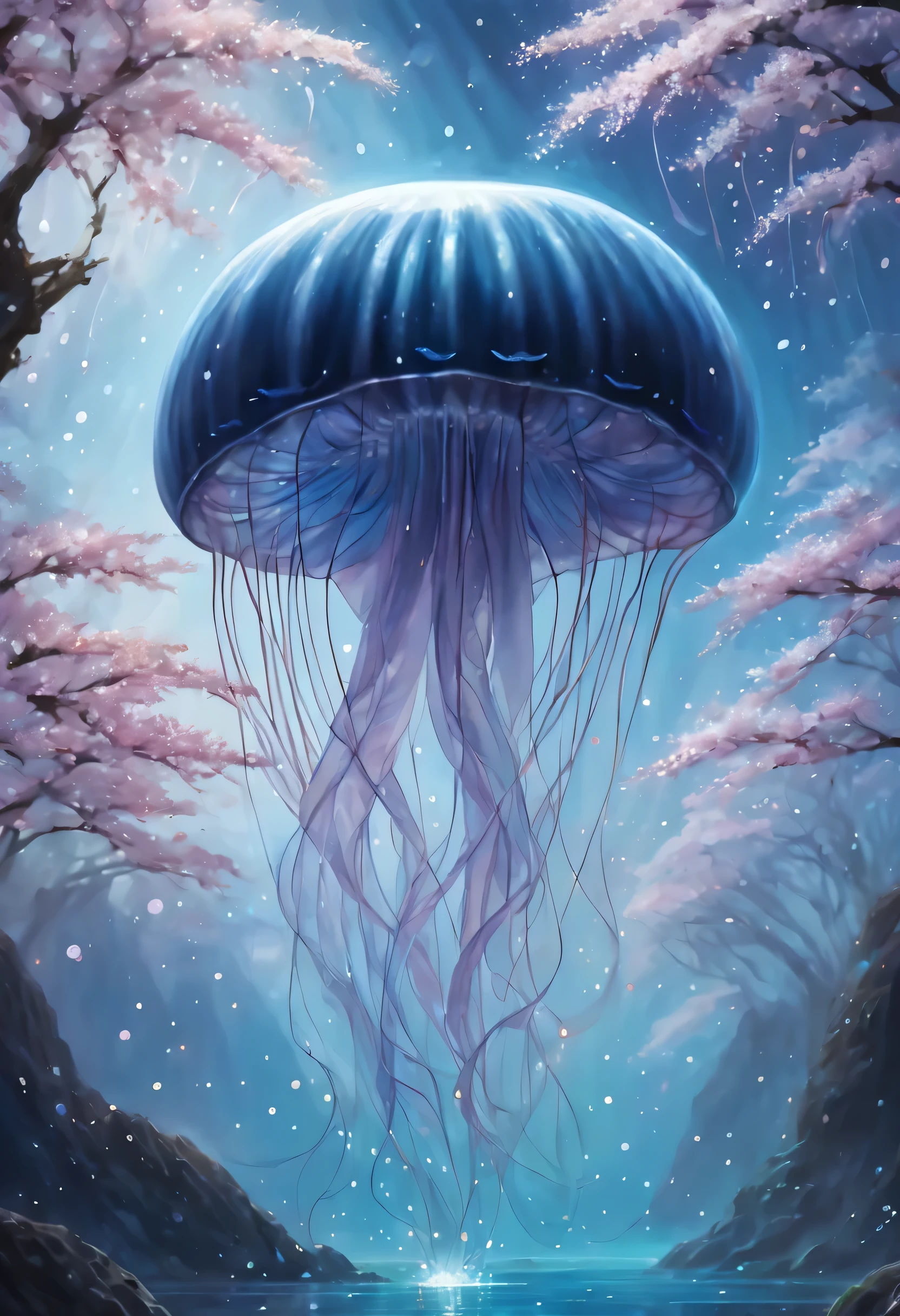 A whale is diving behind the jellyfish, In the center of the frame sits a fascinating neuron jellyfish, A blizzard of cherry blossoms dances on the transparent body, Two long, delicate tentacles extend gracefully., While seeing the shining particles, dance like a little star, The metallic texture of the jellyfish&#39;s body catches the light., Add otherworldly beauty to your scene, Vibrant and immersive oil painting imagination, Intricate details and attractive colors, high quality, 最high quality, dark tone contrast, absurd solution,