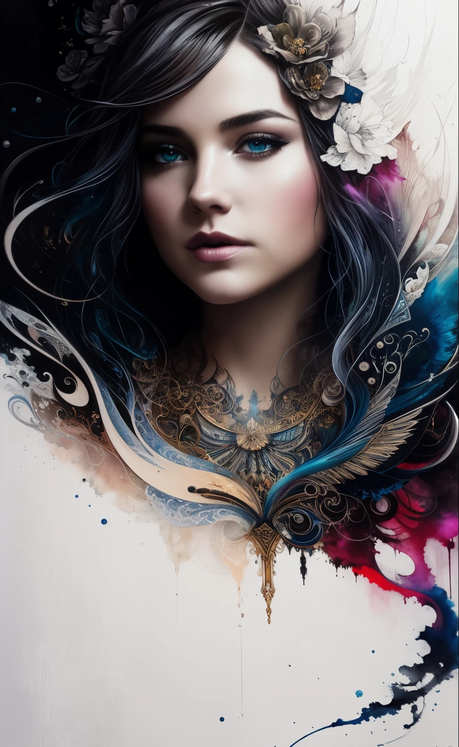 Colorful beautiful woman: Black ink flow: 8k resolution photorealistic masterpiece: by Aaron Horkey and Jeremy Mann: intricately detailed fluid gouache painting: by Jean Baptiste Mongue: calligraphy: acrylic: watercolor art, professional photography, natural lighting, volumetric lighting maximalist photoillustration: by marton bobzert: 8k resolution concept art intricately detailed, complex, elegant, expansive, fantastical