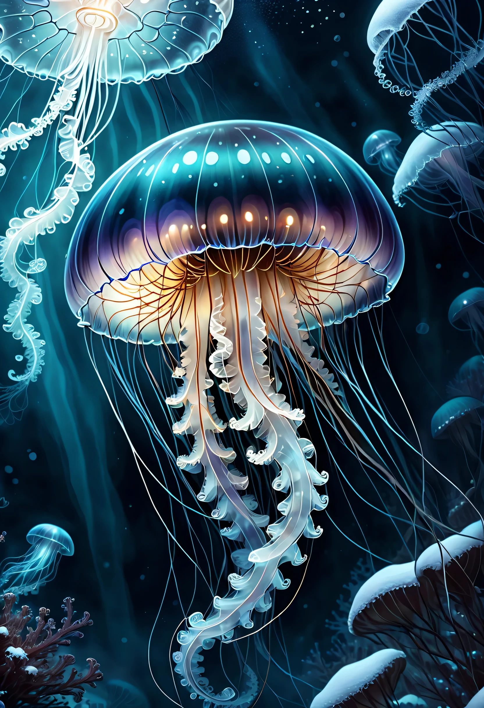 Detailed illustration of a shockingly complex jellyfish, Delicately painted like snow, very fine brush strokes, Pulse with soft glow of futuristic underwater world, Steampunk themed jellyfish, Dark fantasy illustration with attention to detail, Exudes the sophistication of fine craftsmanship, Beautiful jellyfish are out of this world, weak with thunder, Charm electricity adds a touch of mystery, captivating amazing scenes, with mammoth, High resolution, Coloring with contrasting tones, Beautiful detailed brushstrokes, Highly artistic work,