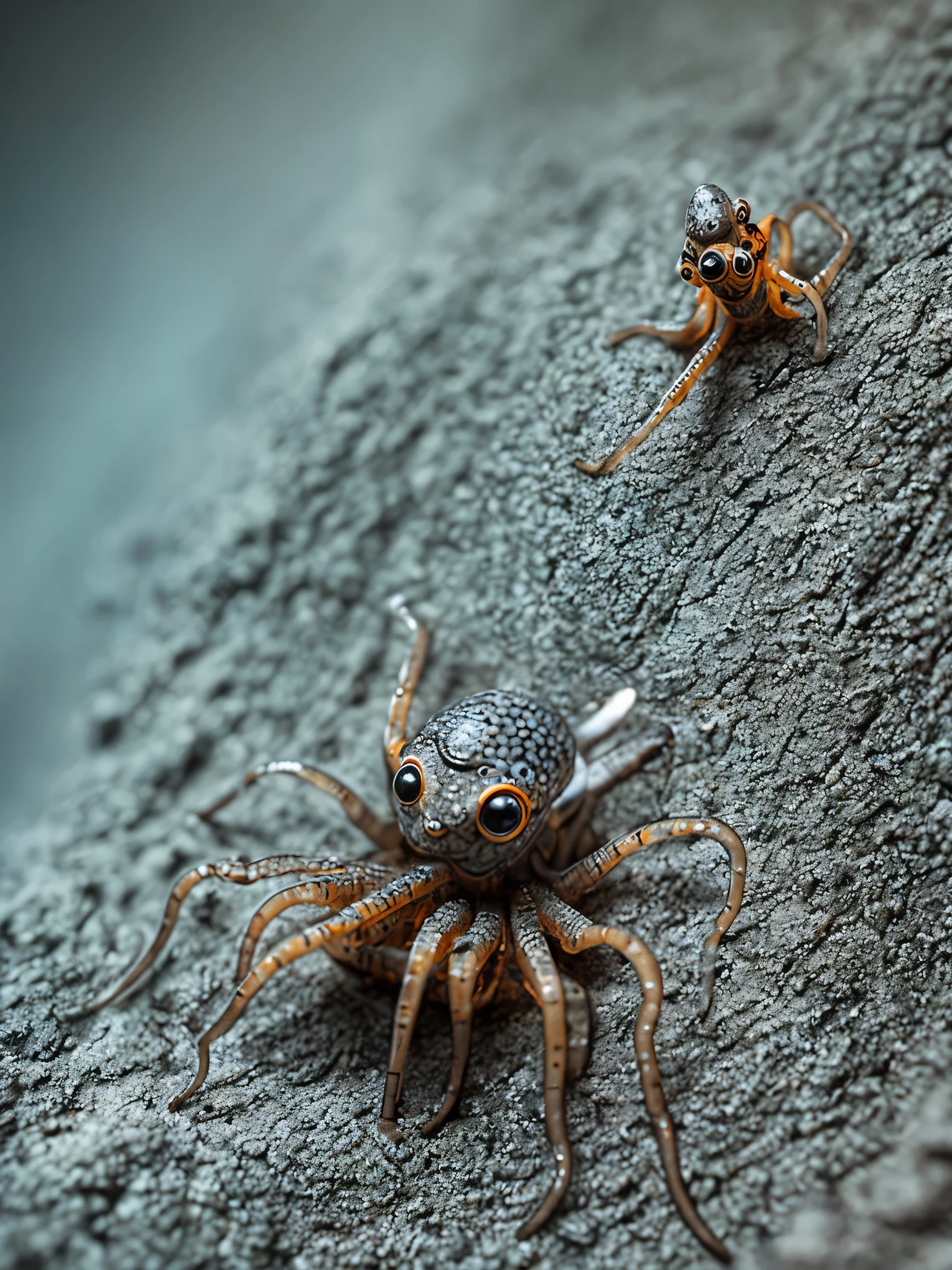 a stone-shaped creature, made of stone, eight lon legs, covered with moss. thick legs. small eyes, wide muzzle. is hiding in the forest forest,(highly detailed:1.2),(best quality:1.2),8k,sharp focus,(subsurface scattering:1.1),(award-winning macro photography:1.1) (cute:1.2),Leathery slippery creature with four wings. (very detailed clothes:1.2), (highly detailed background:1.3), chibi, (hyperrealistic:1.2), cinematic lighting, highly detailed,smooth, sharp focus,[(emb-rrf2:1.0):.15]macro shot of (tiny:1.2) transparent alien chtulhu squid on a table, art by Filip Hodas, caustic, redshift render, photorealism, (black environment:1.3)