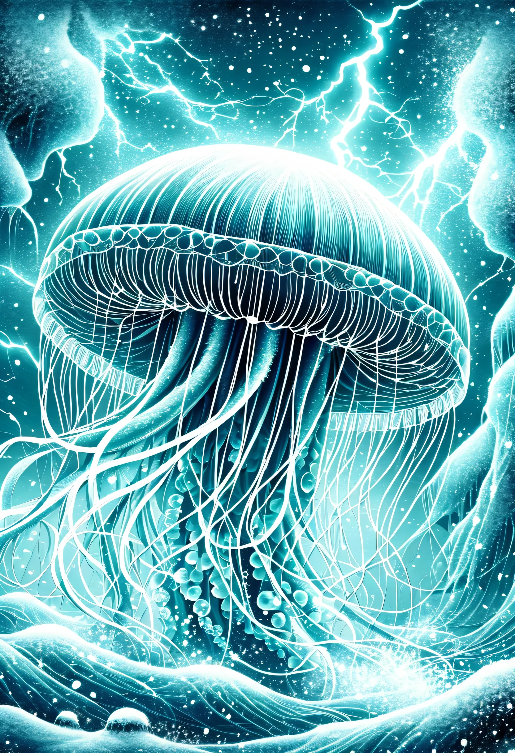 Detailed illustration of a shockingly complex jellyfish, Delicately painted like snow, very fine brush strokes, Pulse with soft glow of futuristic underwater world, Steampunk themed jellyfish, Dark fantasy illustration with attention to detail, Exudes the sophistication of fine craftsmanship, Beautiful jellyfish are out of this world, weak with thunder, Charm electricity adds a touch of mystery, captivating amazing scenes, with mammoth, High resolution, Coloring with contrasting tones, Beautiful detailed brushstrokes, Highly artistic work,