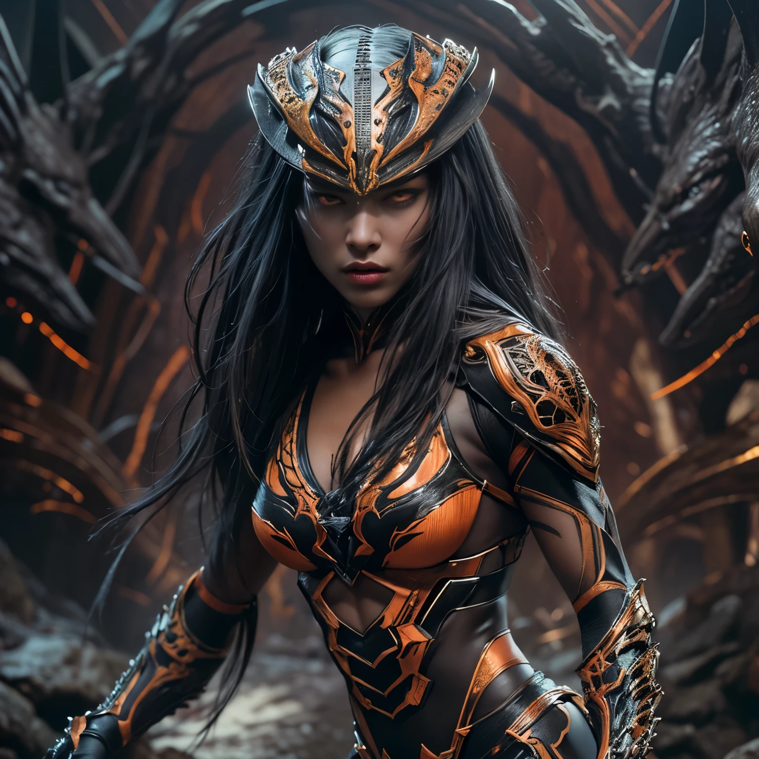 1 female alien, The predator, (extremely beautiful:1.2), (intense gaze:1.4), (predator:1.1), long dark claws, (NSFW:0.8), nipples, thick eyebrows, (She has shining orange eyes:1.2), the most beautiful face in the universe,  jet black hair, symmetrical beautiful eyes, hyper detailed eyes,

A woman predator with an extremely beautiful face, her intense gaze fixed on her prey, a primal force that could not be denied.

(beautiful lean body:1.5), (muscular build:1.2), (prowling:1.3), (sleek movements:1.4)

Her beautiful body, muscular and toned, moved with sleek grace as she prowled, ready to strike at a moment's notice. The predator within her was always on,                                                                          
                                                                                                                                                               
 cinematic drawing of characters, ultra high quality model, cinematic quality, detail up, (Intricate details:1.2), High resolution, High Definition, drawing faithfully, Official art, Unity 8K wall , 8K Portrait, Best Quality, Very High resolution, ultra detailed artistic photography,