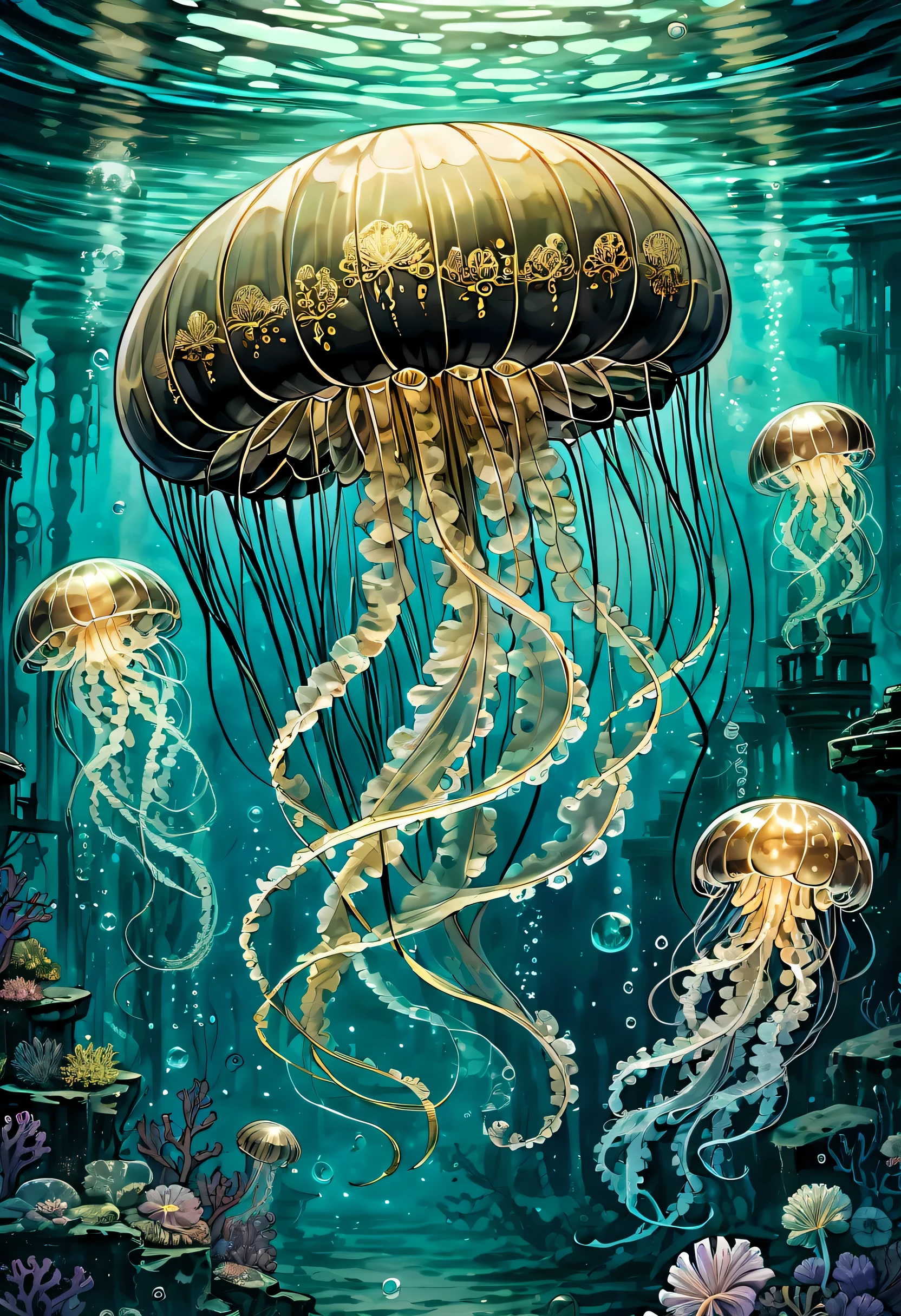 Beautiful flower jellyfish floating gracefully, Drifting and creating eerie mysteries, Wolf-like face, mysterious underwater kingdom, Steampunk otherworldly ruins with deep abyss, semi-transparent creatures, The grace of fantastic fantasy, Tentacle pattern that follows in a flowing manner, detailed decorative paintings, Many small jellyfish, intricate and detailed, stunning realism illustrations, Delicate vines sparkle in a mesmerizing dance, really numbers, Exquisite and fascinating pieces centered around gold and black,