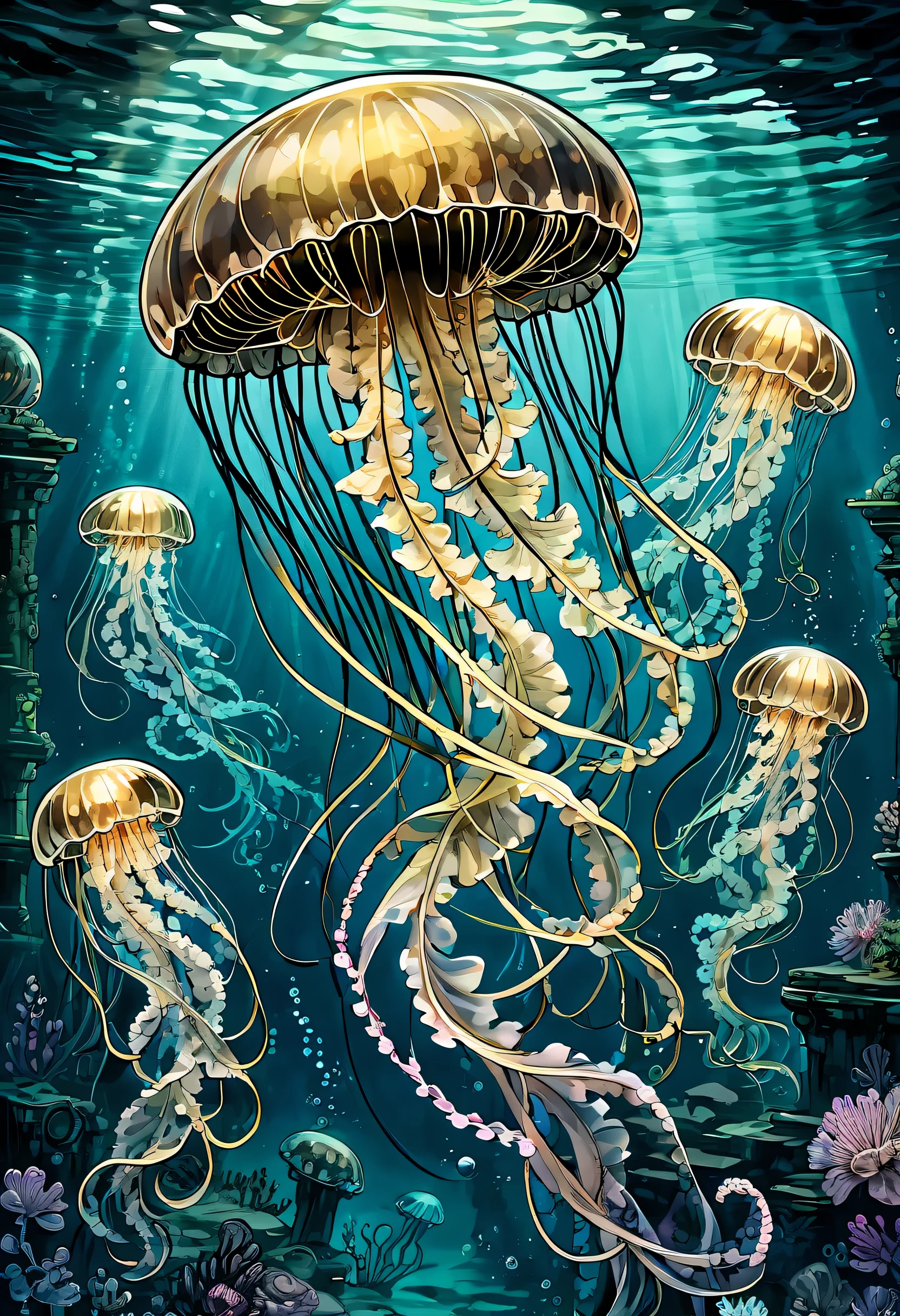 Beautiful flower jellyfish floating gracefully, Drifting and creating eerie mysteries, Wolf-like face, mysterious underwater kingdom, Steampunk otherworldly ruins with deep abyss, semi-transparent creatures, The grace of fantastic fantasy, Tentacle pattern that follows in a flowing manner, detailed decorative paintings, Many small jellyfish, intricate and detailed, stunning realism illustrations, Delicate vines sparkle in a mesmerizing dance, really numbers, Exquisite and fascinating pieces centered around gold and black,