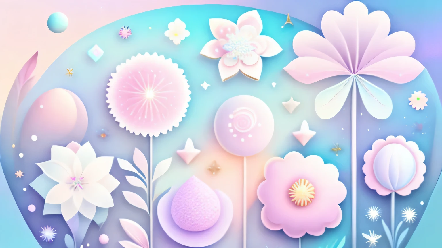 "Various flowers, cartoon illustration, sky in a gradient of pastel colors with twinkling stars. Immerse yourself in a mystical world full of magical elements (weighted at 0.9)."